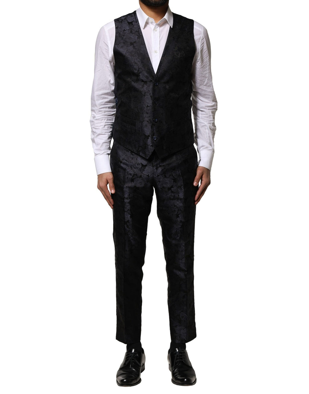 Dolce &amp; Gabbana – Schwarzer, einreihiger 3-teiliger Jacquard-Anzug