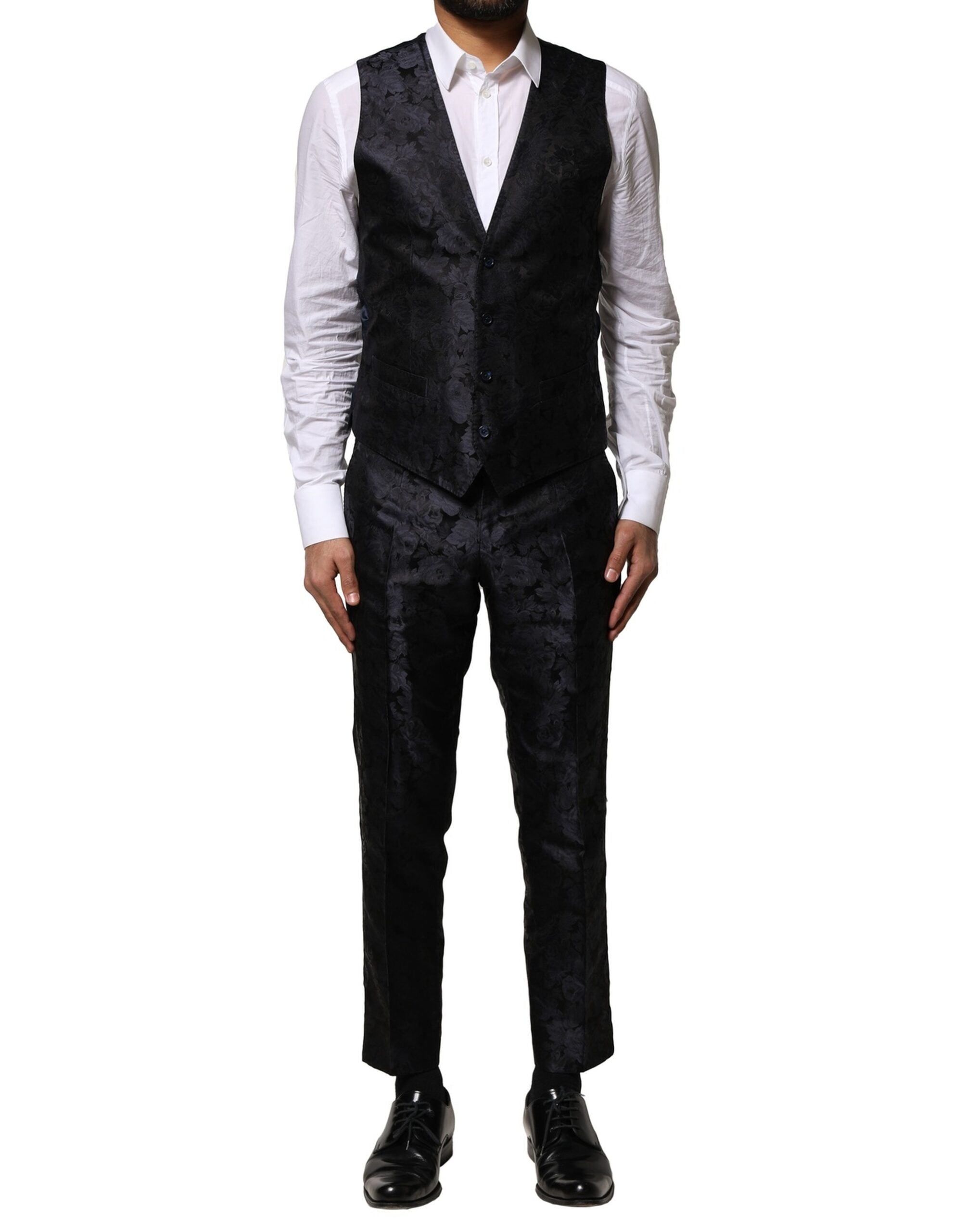 Dolce &amp; Gabbana – Schwarzer, einreihiger 3-teiliger Jacquard-Anzug