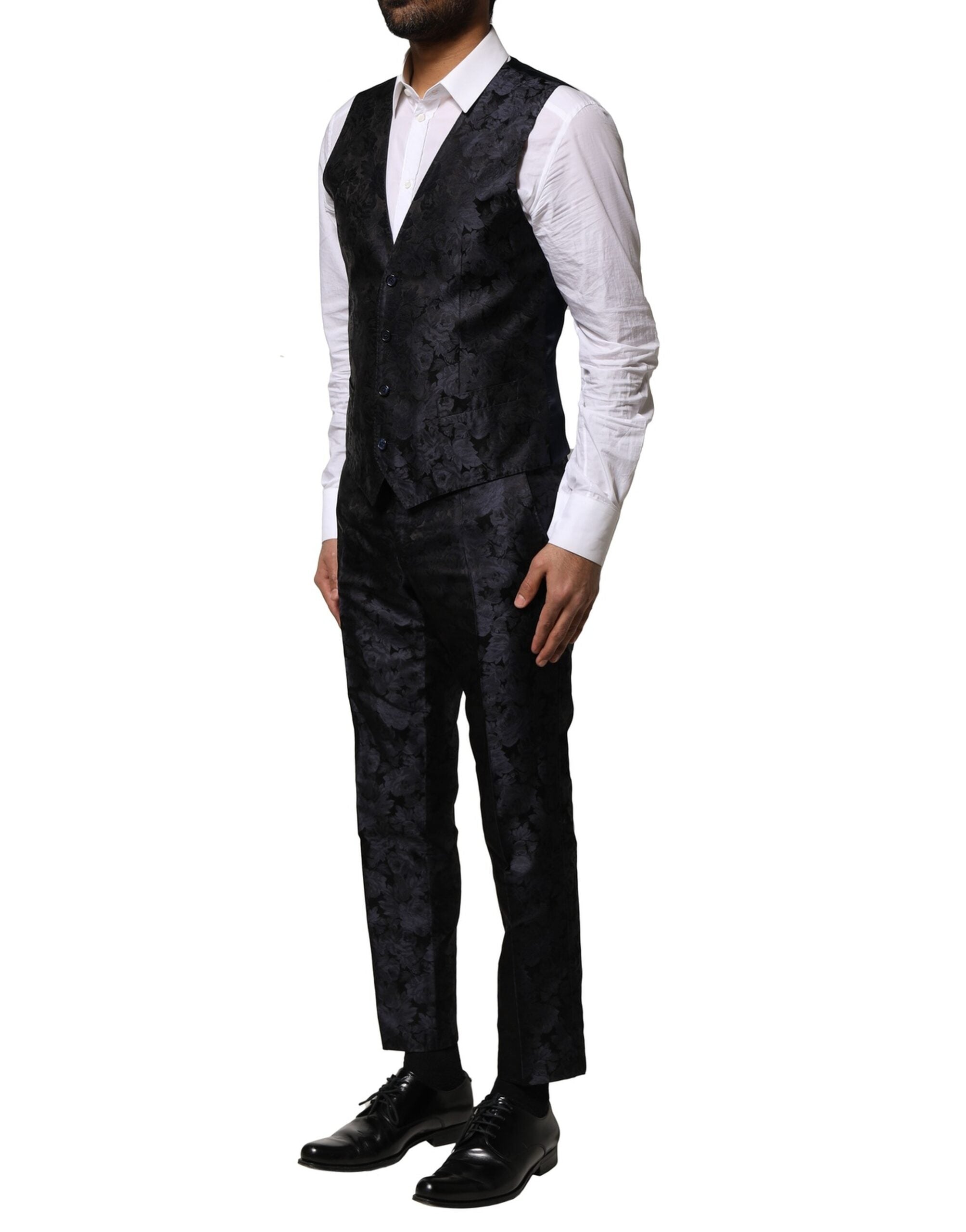Dolce &amp; Gabbana – Schwarzer, einreihiger 3-teiliger Jacquard-Anzug