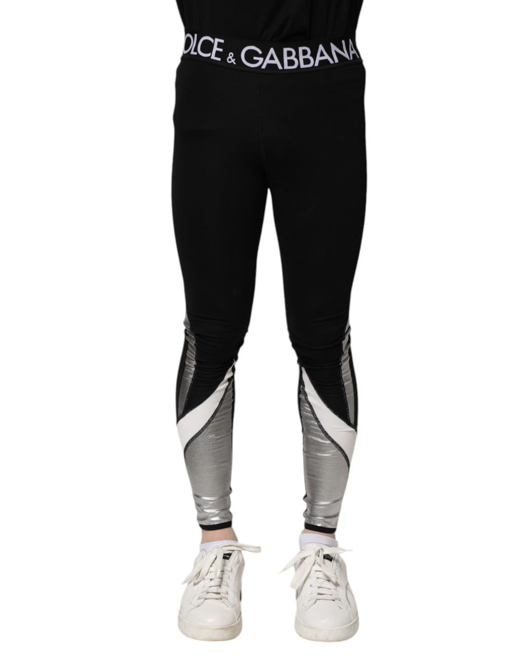 Dolce &amp; Gabbana Schwarze, silberne Nylon-Skinny-Leggings für Herren