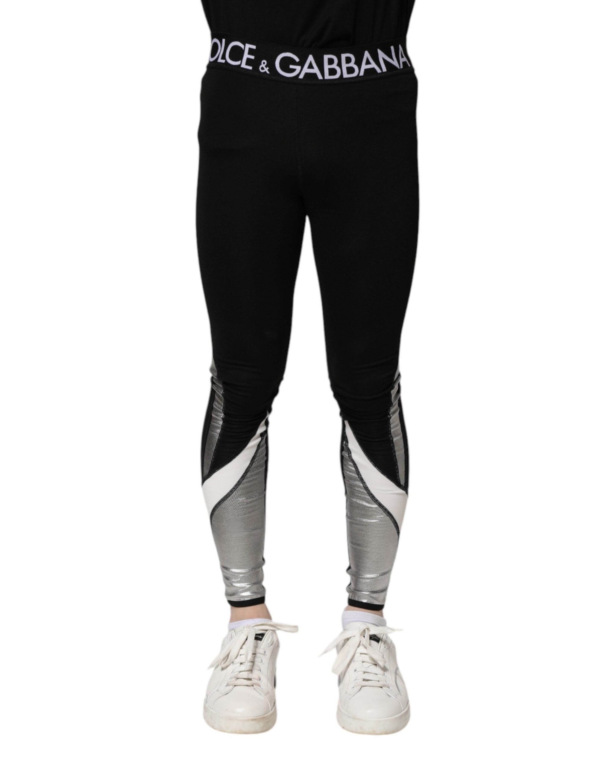 Dolce &amp; Gabbana Schwarze, silberne Nylon-Skinny-Leggings für Herren