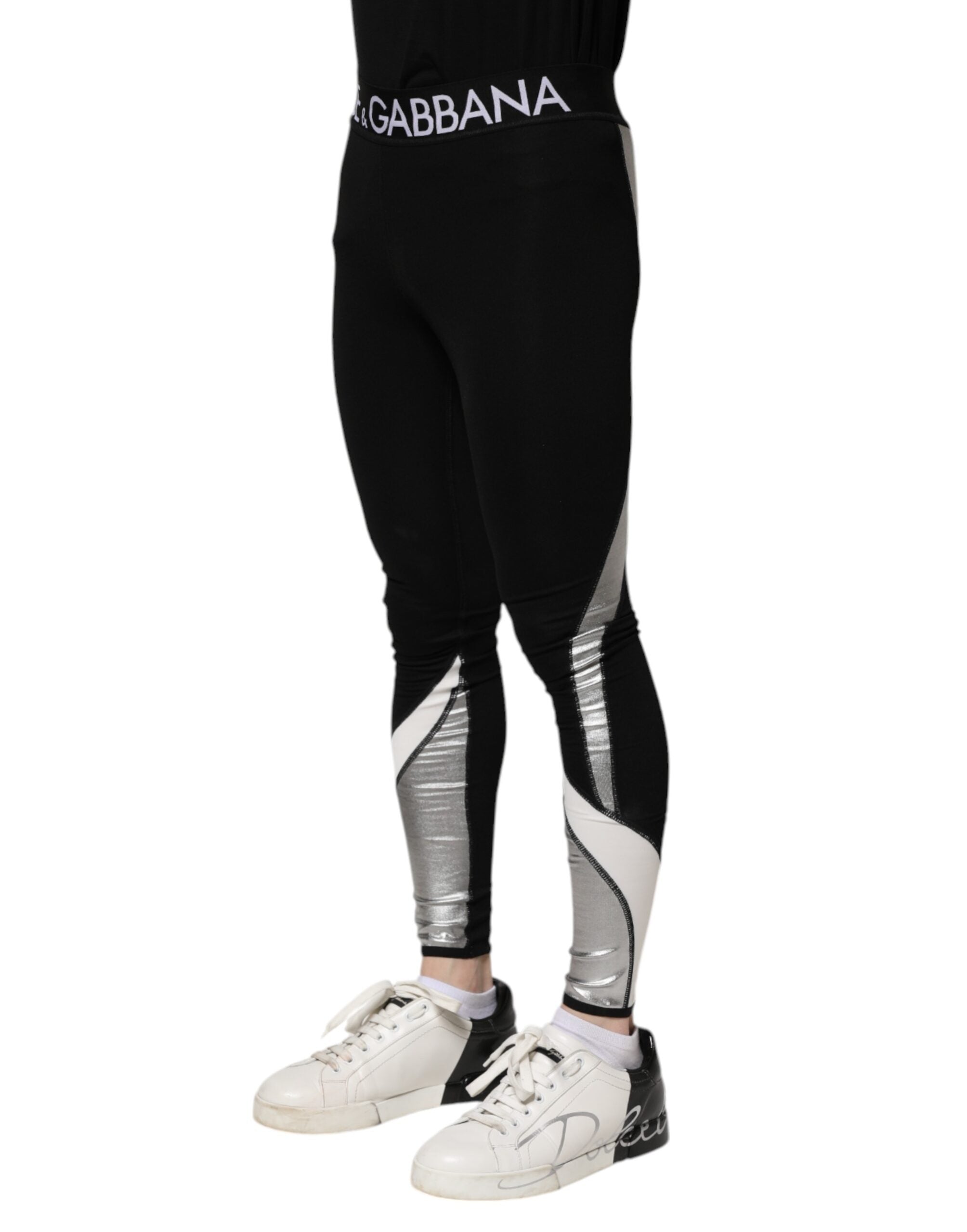 Dolce &amp; Gabbana Schwarze, silberne Nylon-Skinny-Leggings für Herren
