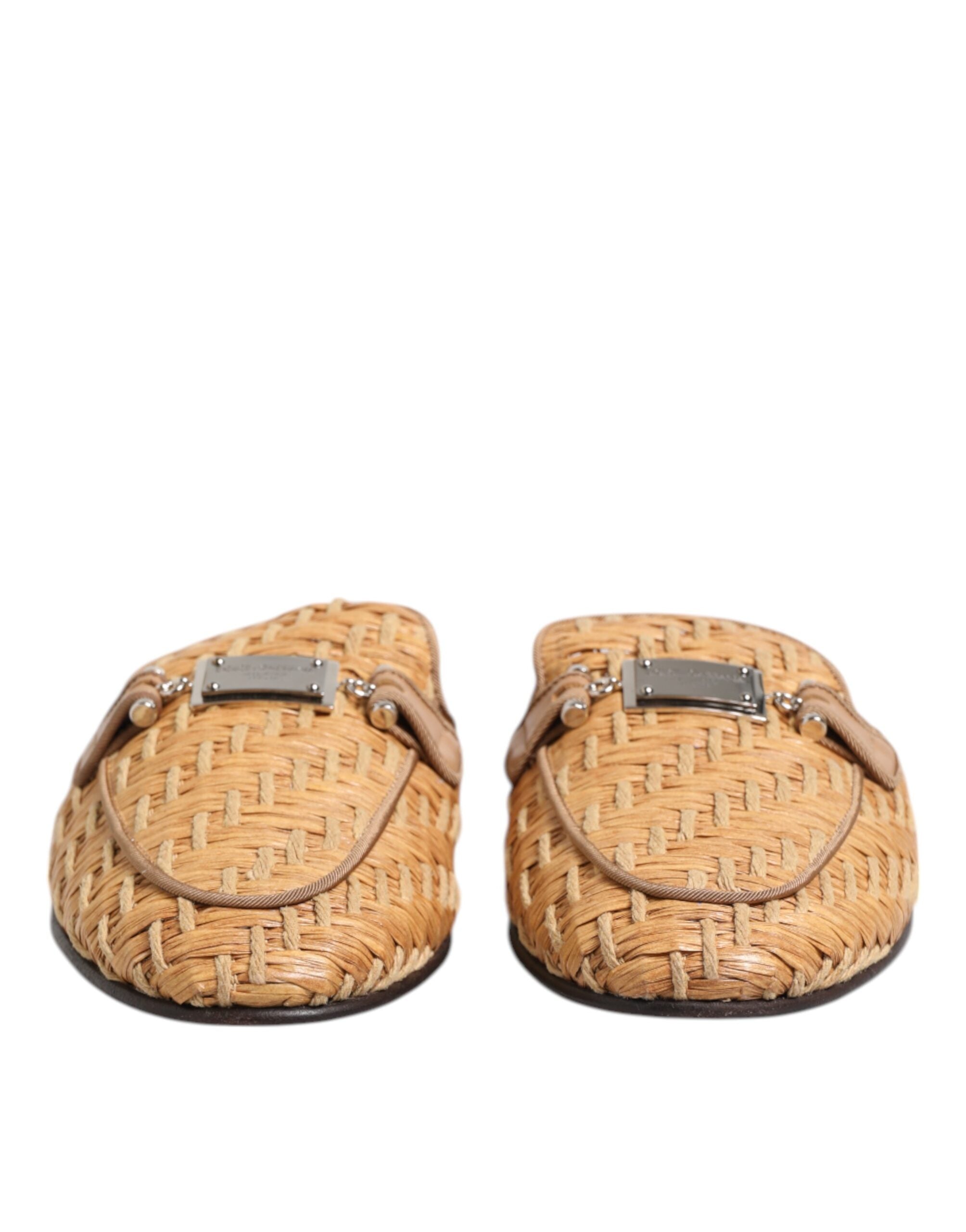 Dolce &amp; Gabbana Beige Rattan Flache Pantoletten Herren Sandalen Schuhe