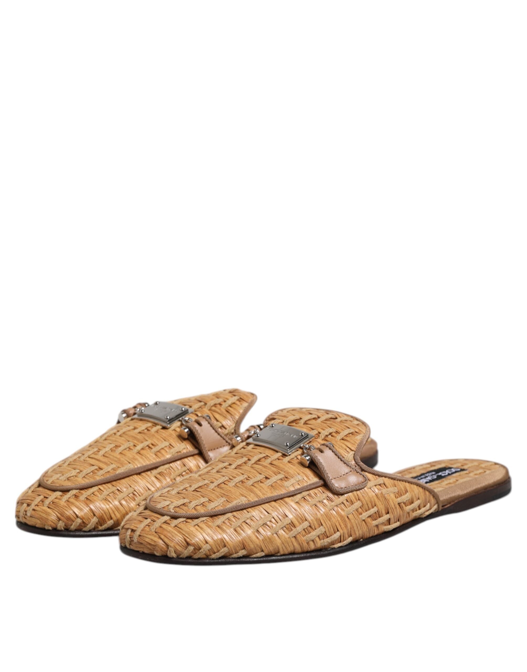 Dolce &amp; Gabbana Beige Rattan Flache Pantoletten Herren Sandalen Schuhe