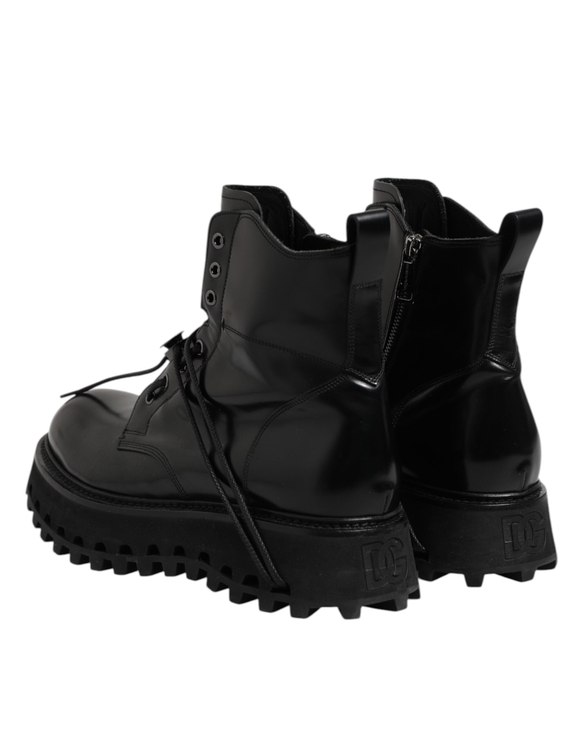 Dolce &amp; Gabbana – Schwarze Stiefeletten aus Leder mit Logo und Schnürung