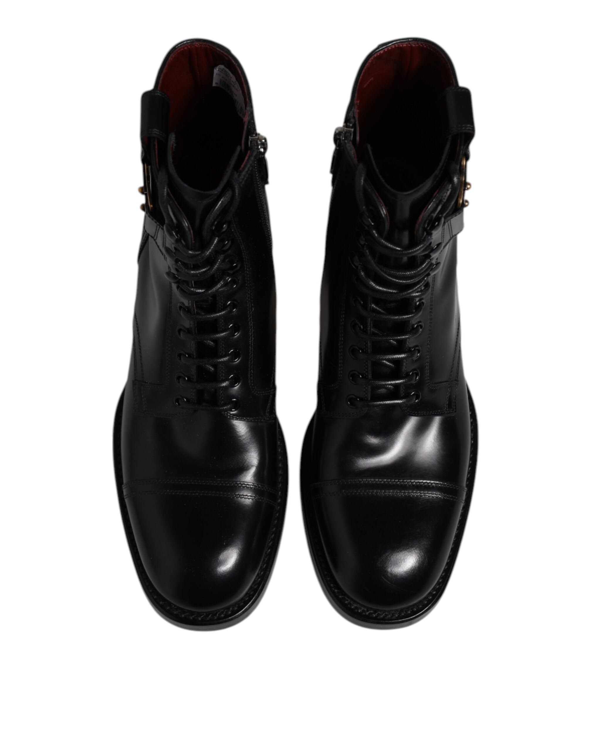 Dolce &amp; Gabbana – Schwarze, wadenhohe Stiefel aus Leder mit Schnürung