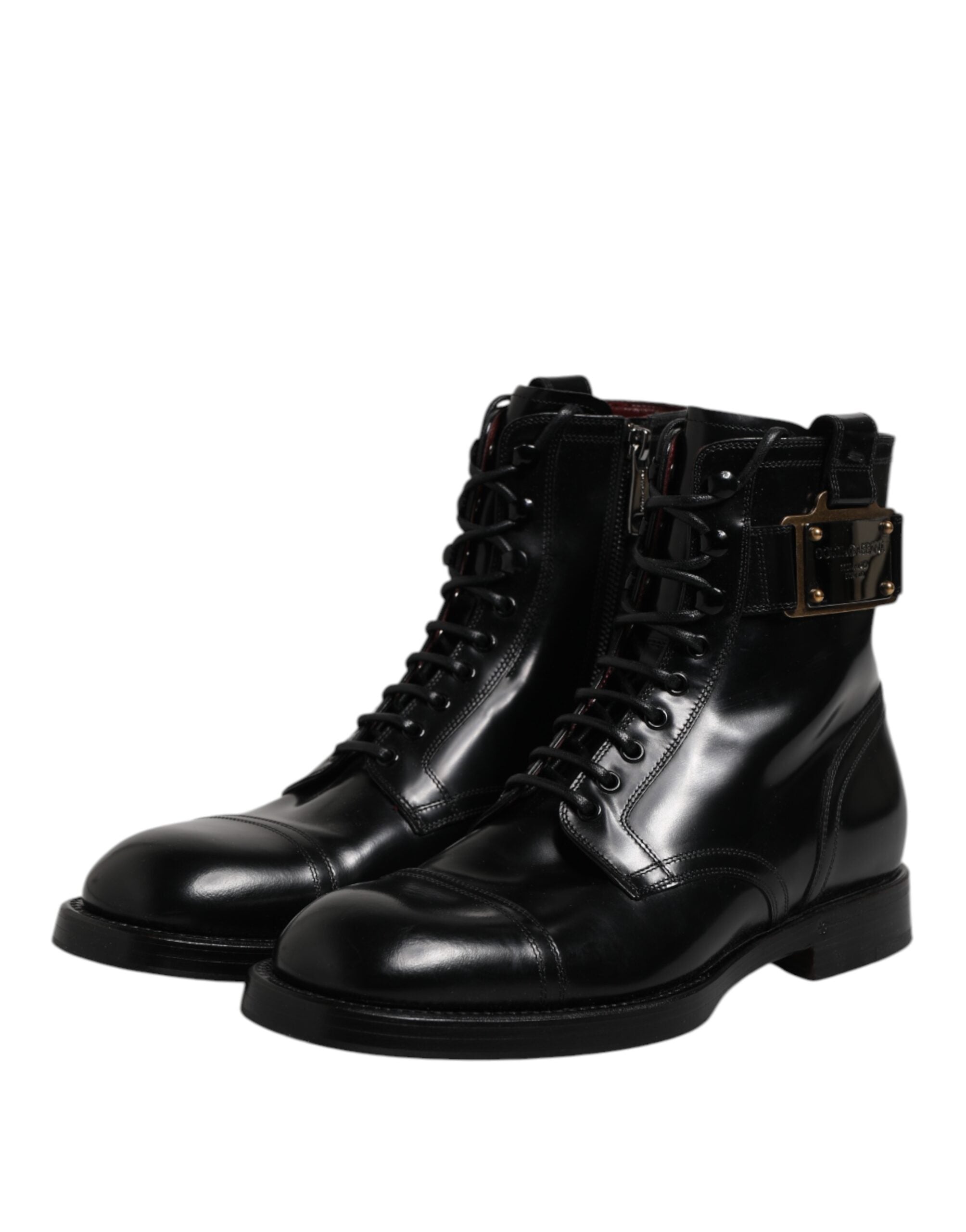 Dolce &amp; Gabbana – Schwarze, wadenhohe Stiefel aus Leder mit Schnürung