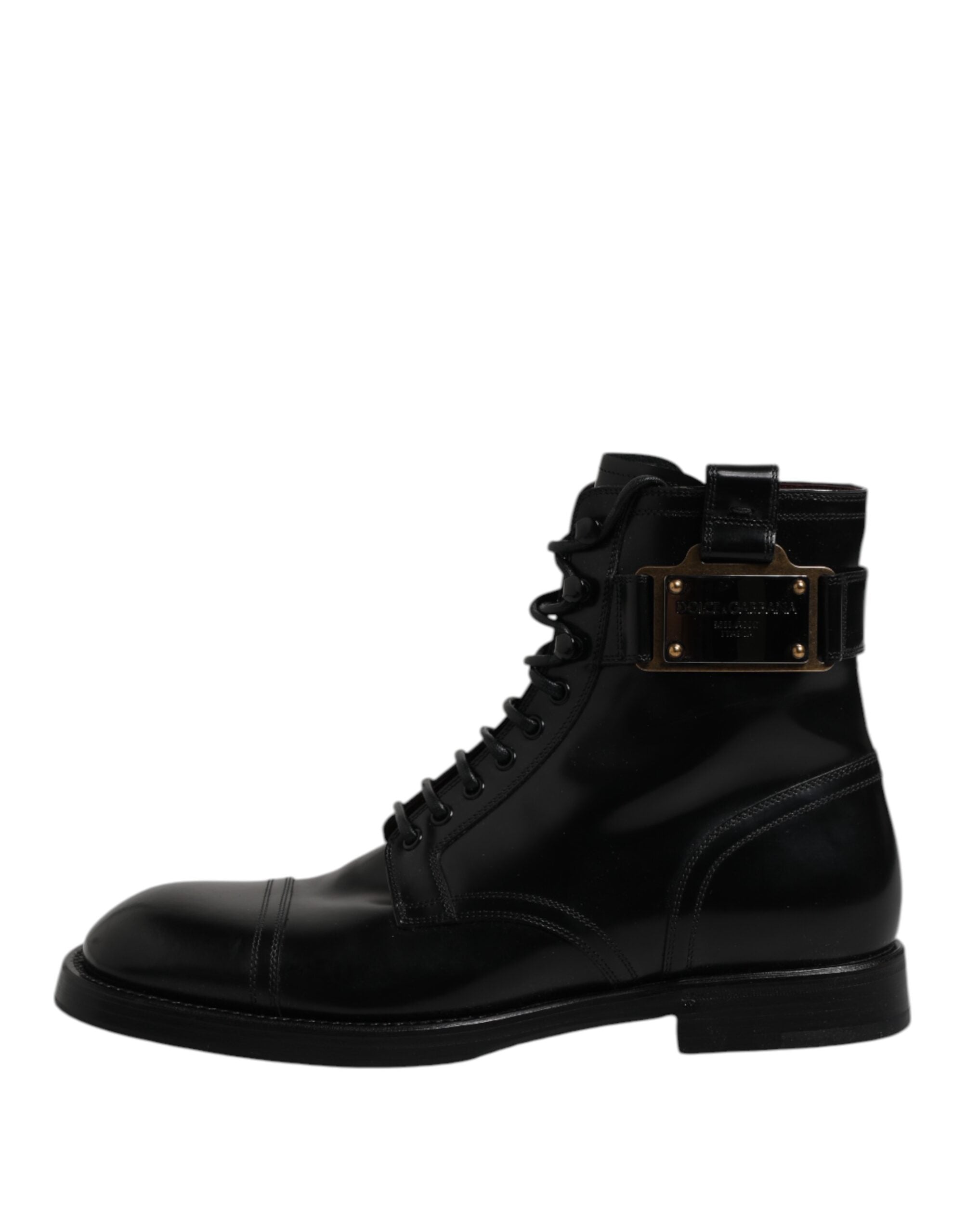 Dolce &amp; Gabbana – Schwarze, wadenhohe Stiefel aus Leder mit Schnürung
