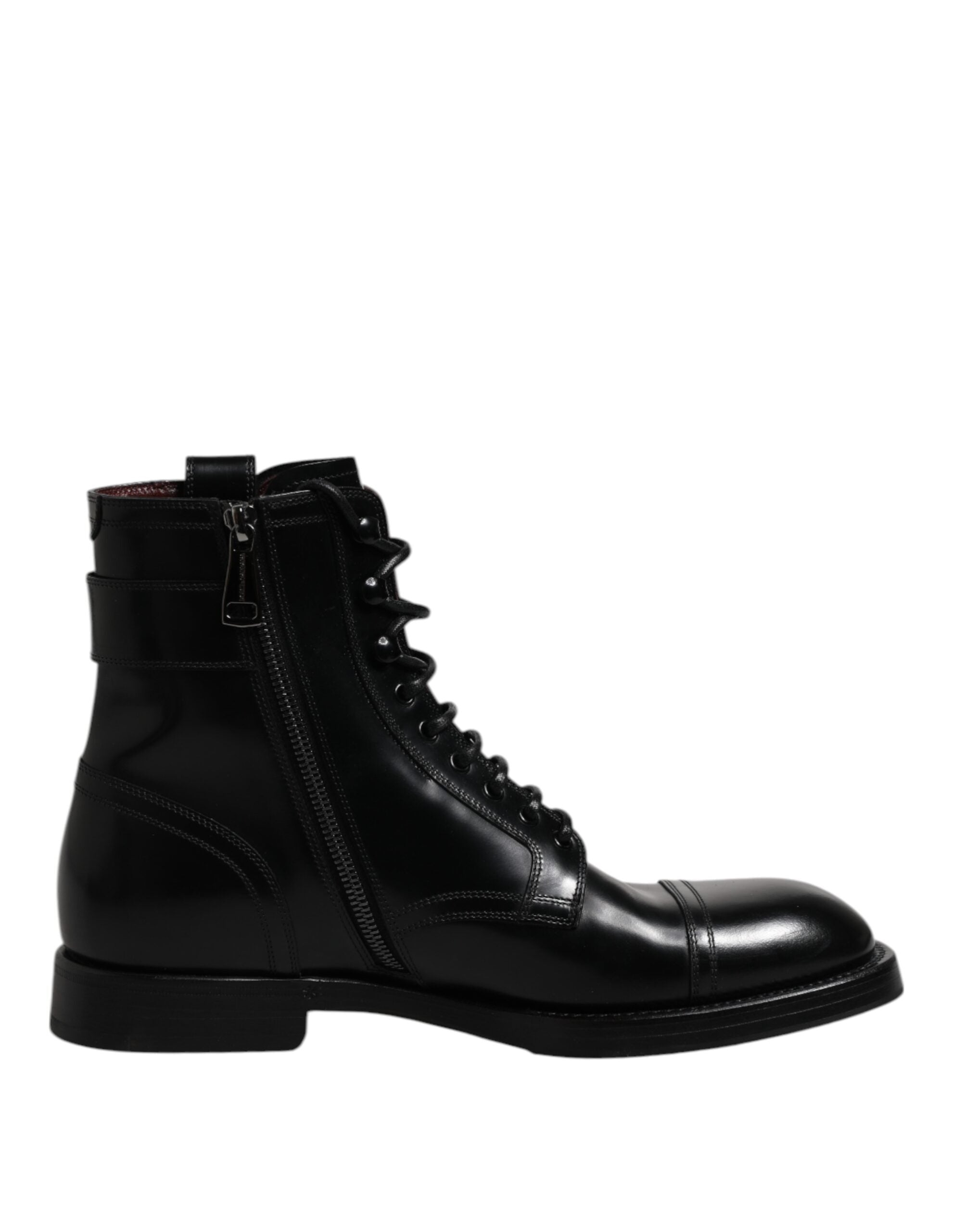 Dolce &amp; Gabbana – Schwarze, wadenhohe Stiefel aus Leder mit Schnürung
