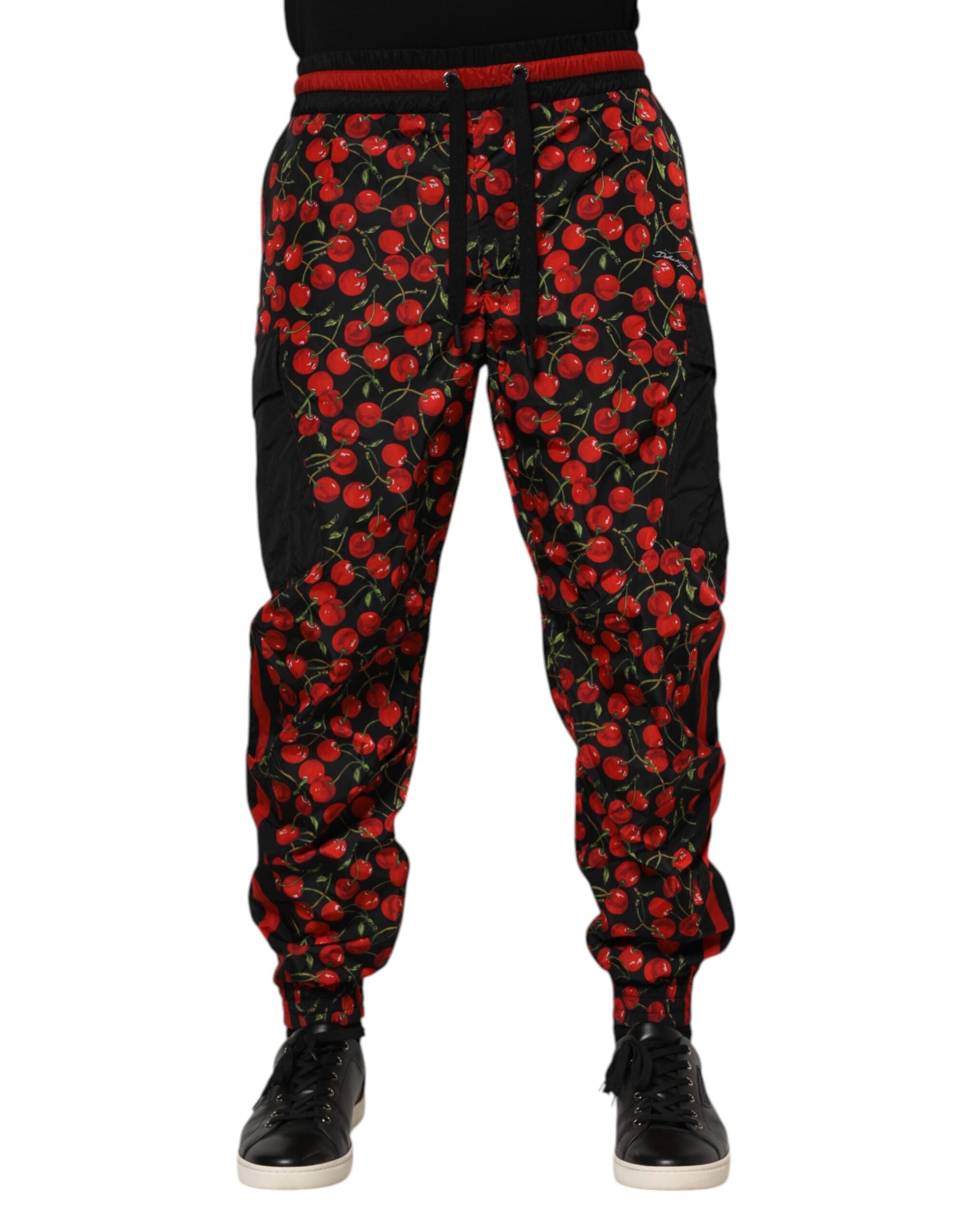 Dolce &amp; Gabbana Schwarz Rot Kirsche Print Männer Jogginghose Hose