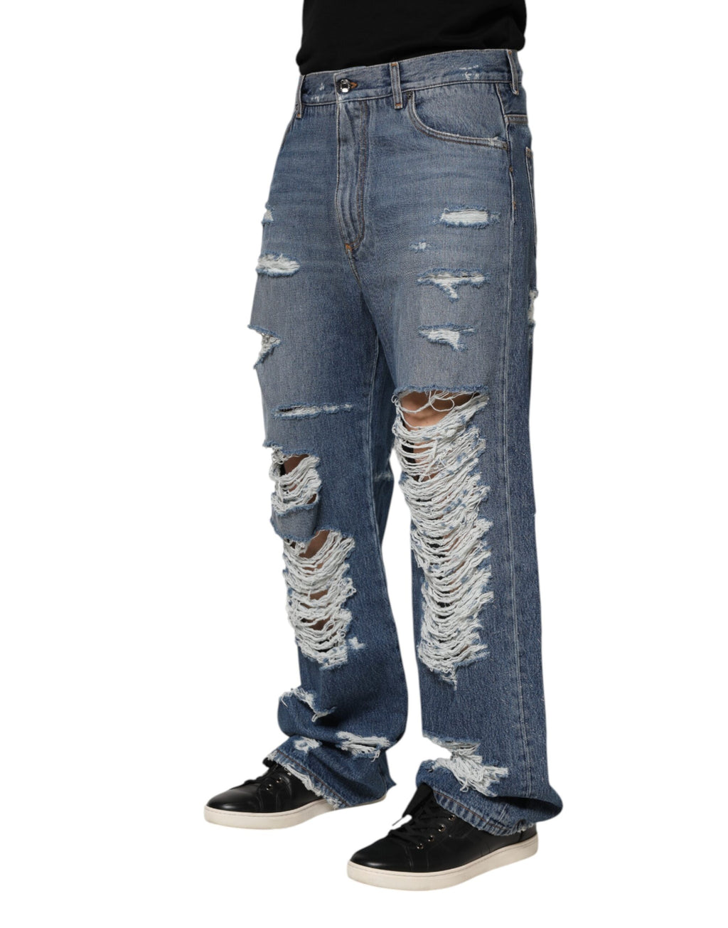 Dolce &amp; Gabbana Blaue Jeans aus zerfetzter Baumwolle mit Logo-Plakette