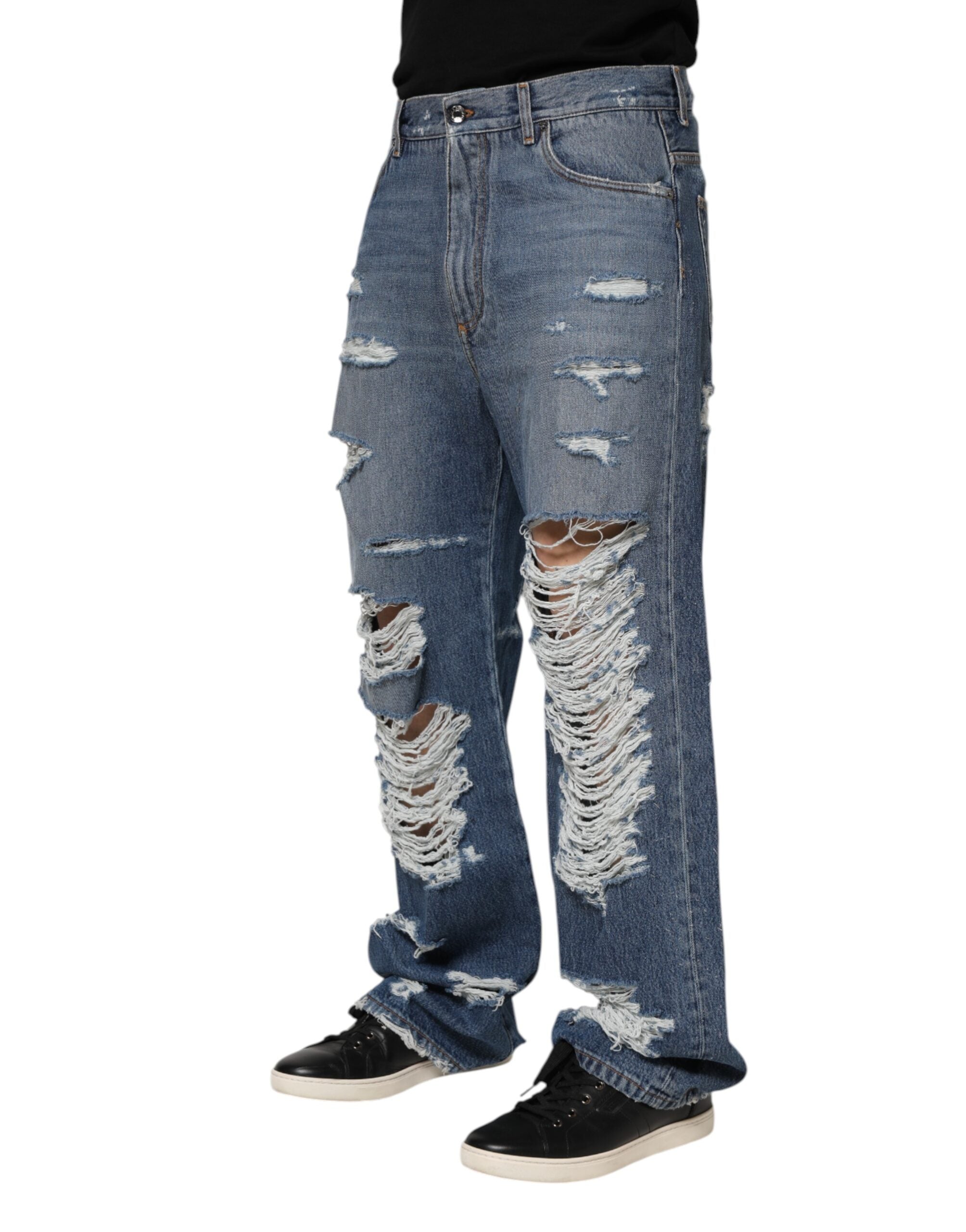 Dolce &amp; Gabbana Blaue Jeans aus zerfetzter Baumwolle mit Logo-Plakette