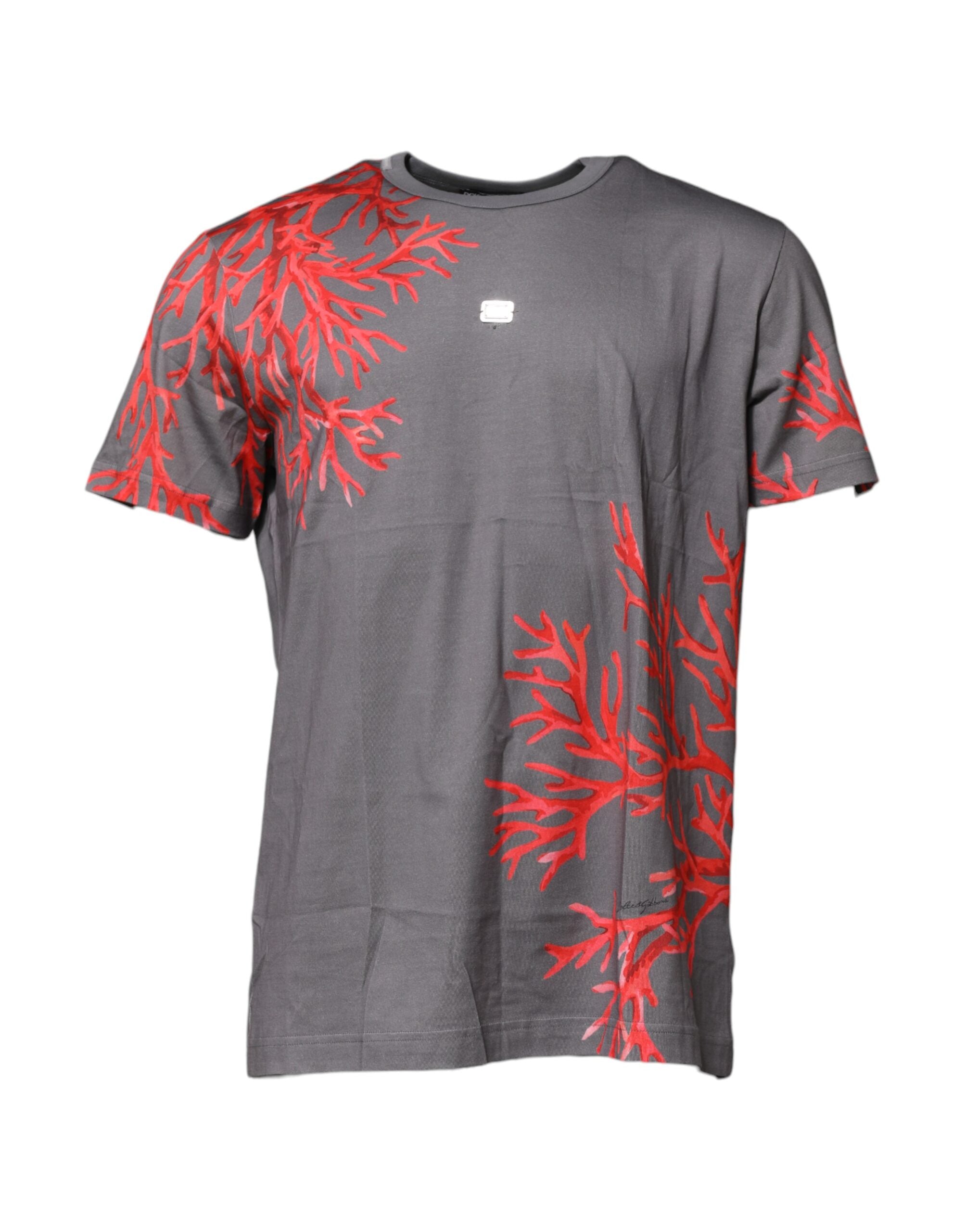 Dolce &amp; Gabbana – T-Shirt mit Logo-Plakette und Korallenprint aus grauer Baumwolle