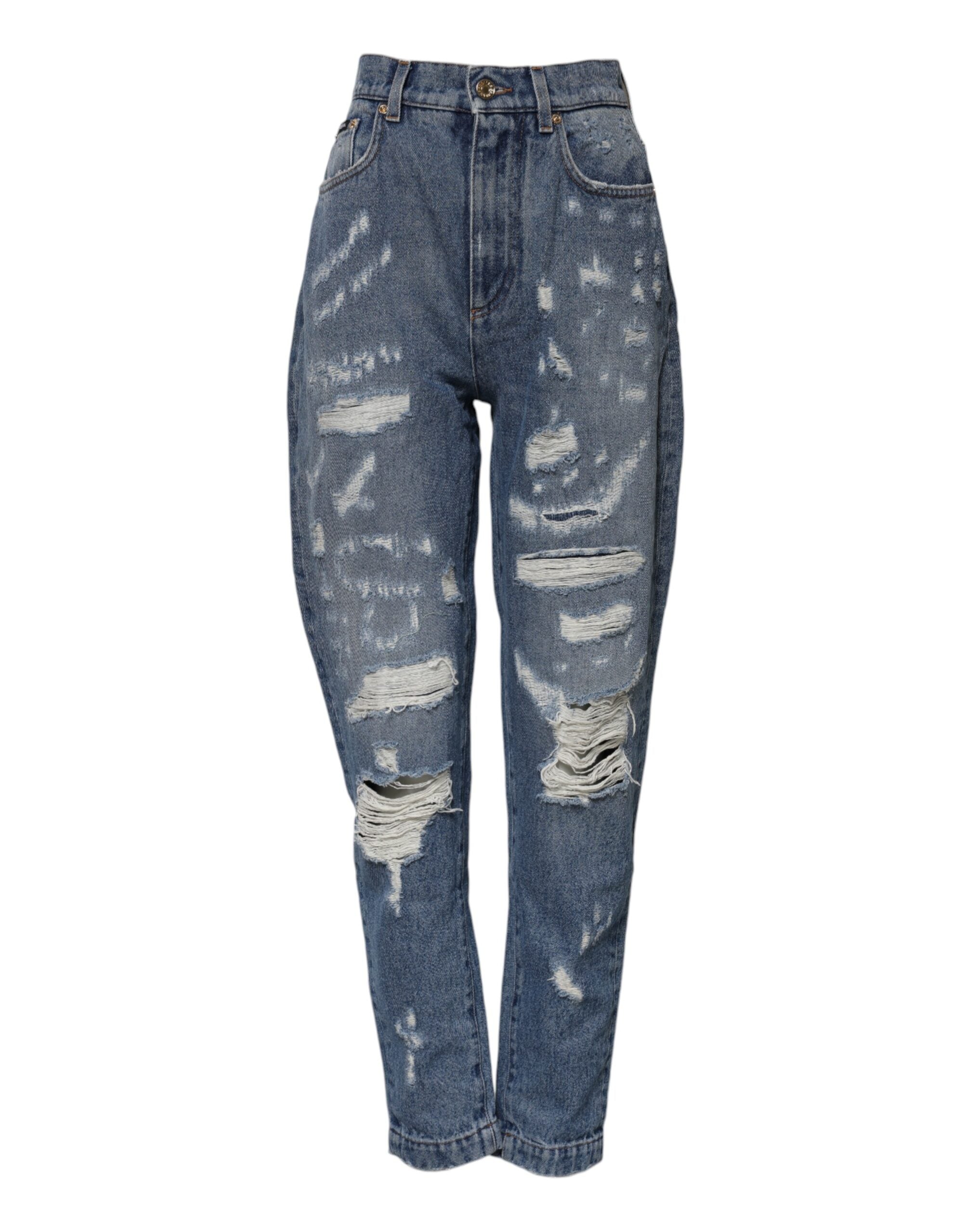 Dolce &amp; Gabbana – Zerfetzte Jeans mit hoher Taille aus blauer Baumwolle