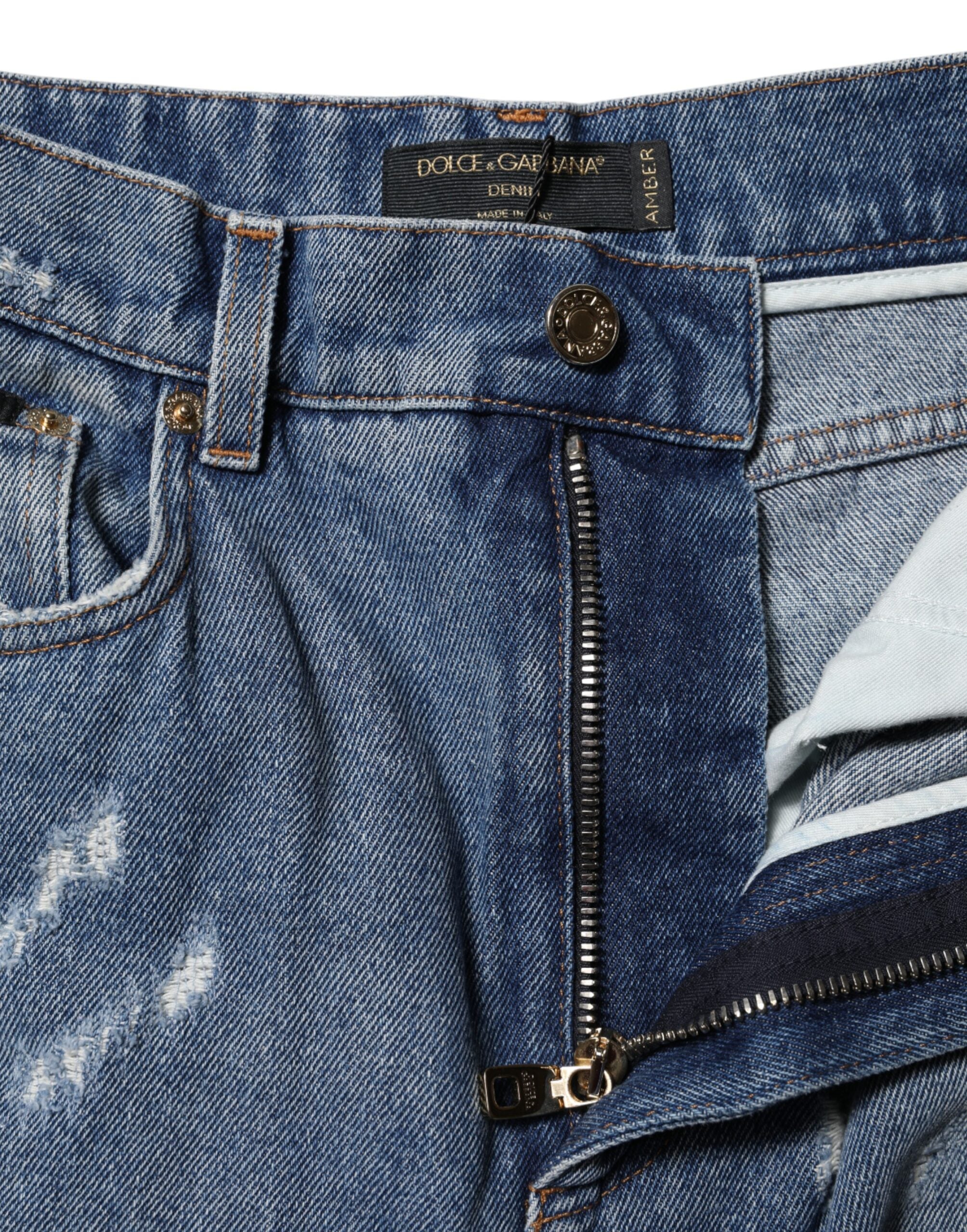 Dolce &amp; Gabbana – Zerfetzte Jeans mit hoher Taille aus blauer Baumwolle