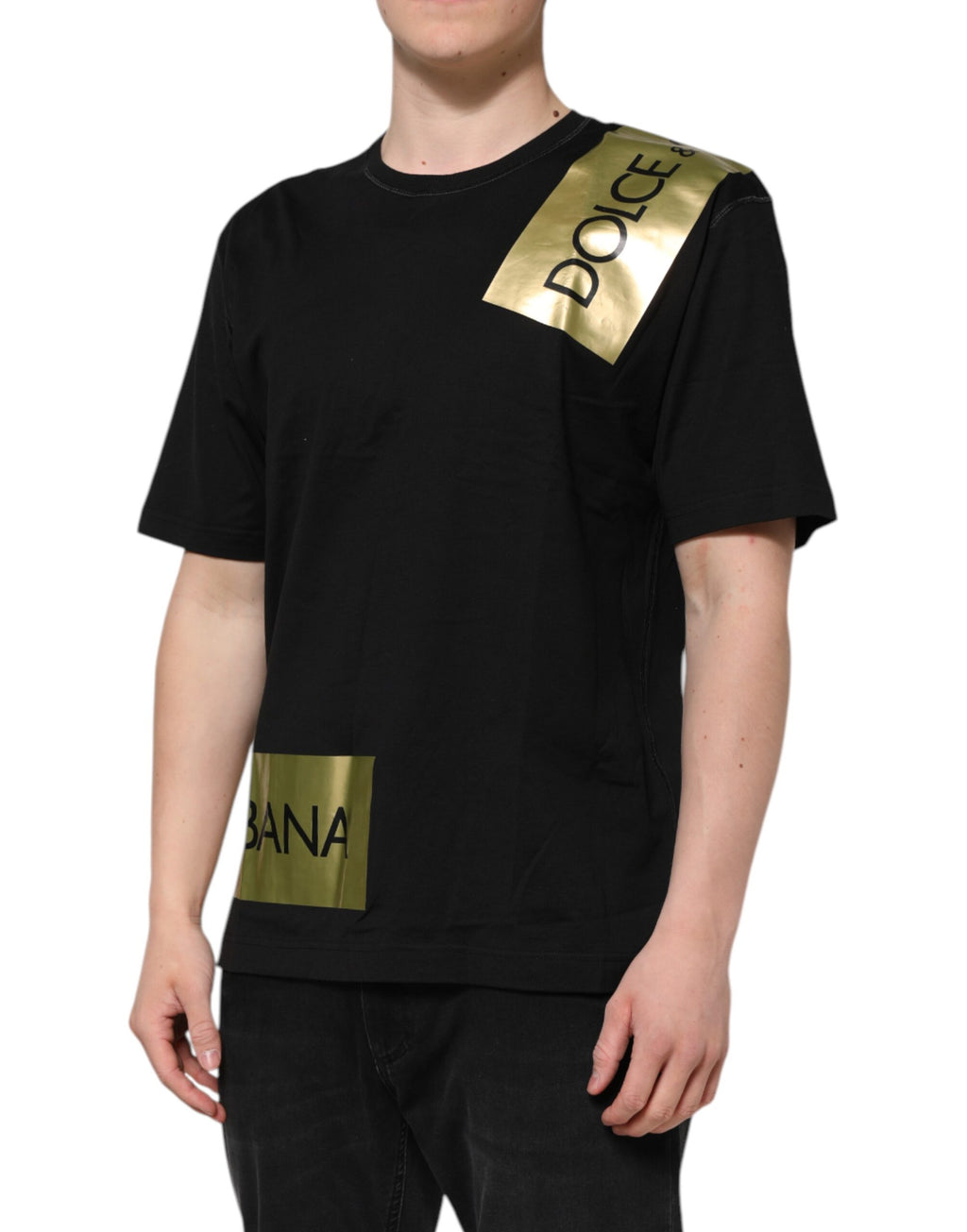 Dolce &amp; Gabbana Schwarzes Baumwoll-T-Shirt mit Rundhalsausschnitt und Logoband