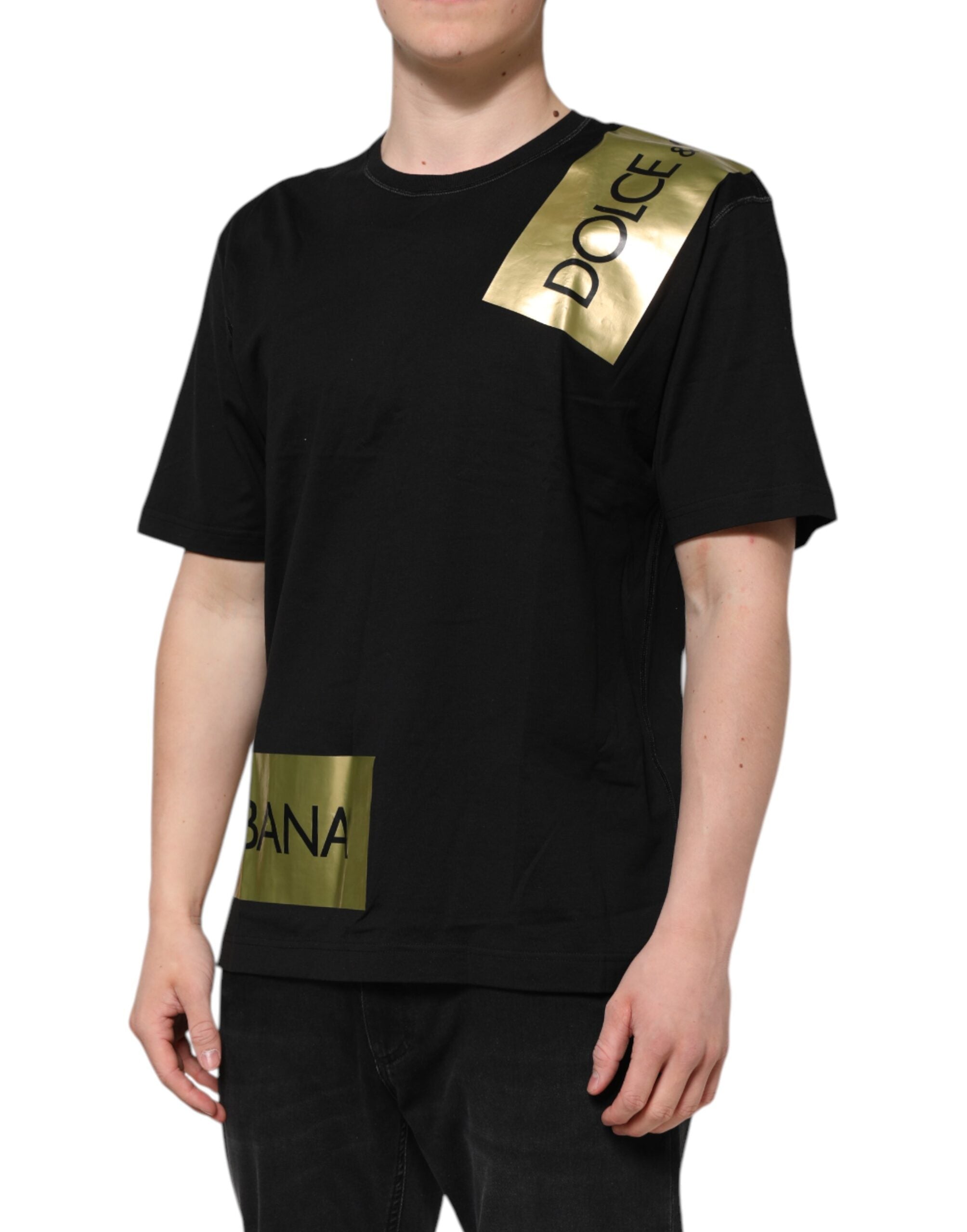 Dolce &amp; Gabbana Schwarzes Baumwoll-T-Shirt mit Rundhalsausschnitt und Logoband