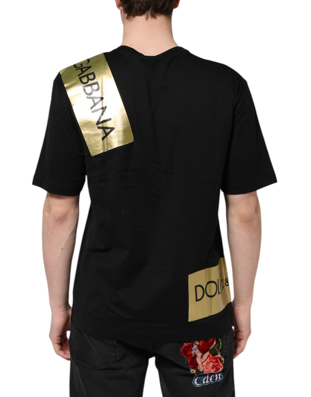Dolce &amp; Gabbana Schwarzes Baumwoll-T-Shirt mit Rundhalsausschnitt und Logoband