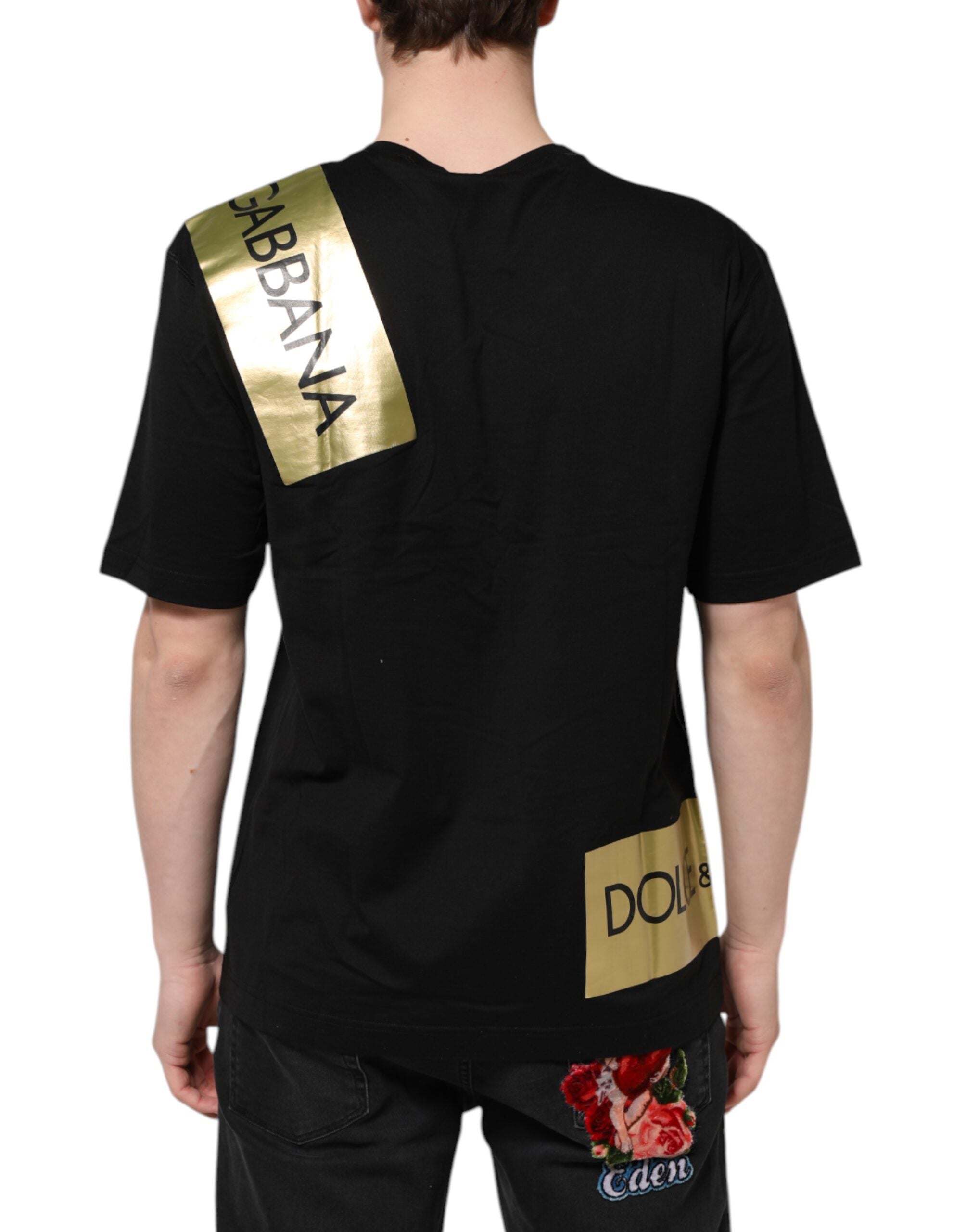 Dolce &amp; Gabbana Schwarzes Baumwoll-T-Shirt mit Rundhalsausschnitt und Logoband