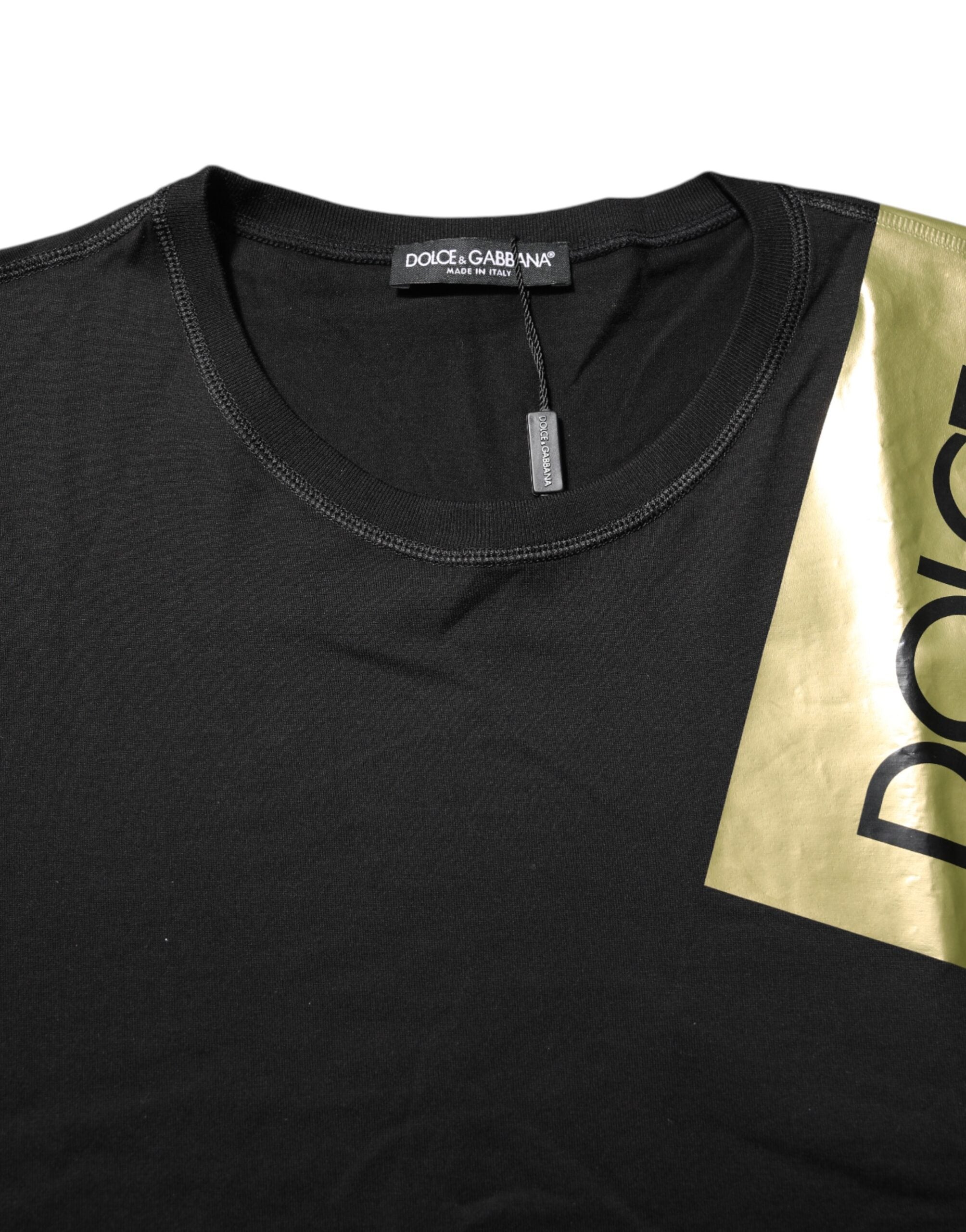 Dolce &amp; Gabbana Schwarzes Baumwoll-T-Shirt mit Rundhalsausschnitt und Logoband