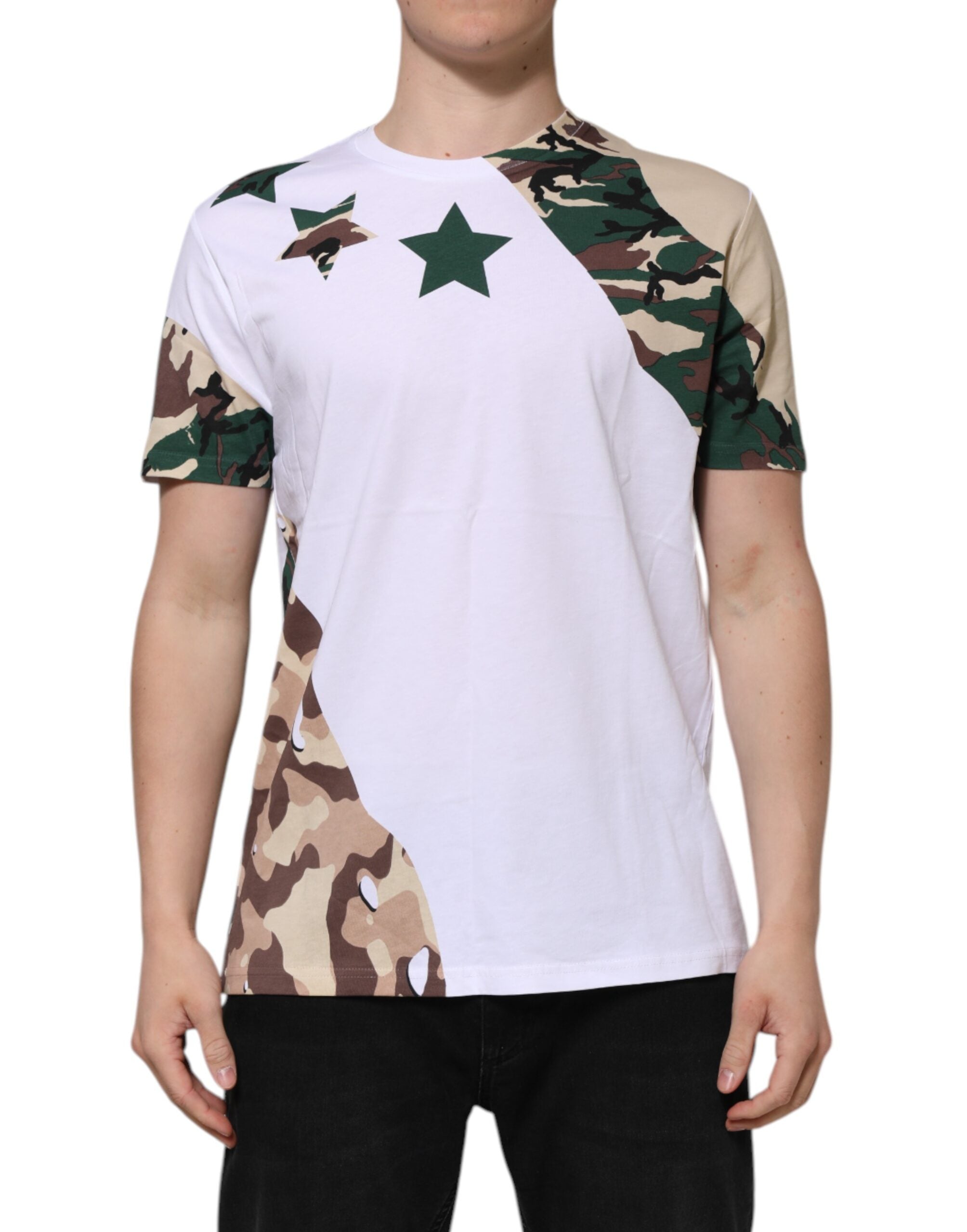 Dolce &amp; Gabbana Weißes Camouflage-Baumwoll-T-Shirt mit Rundhalsausschnitt für Herren