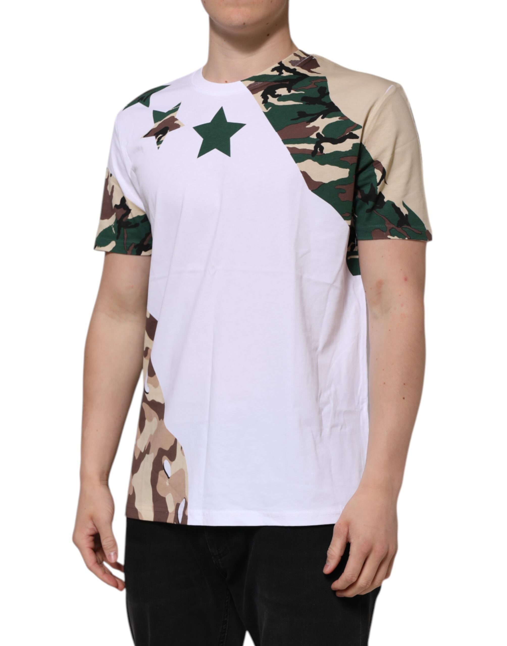Dolce &amp; Gabbana Weißes Camouflage-Baumwoll-T-Shirt mit Rundhalsausschnitt für Herren