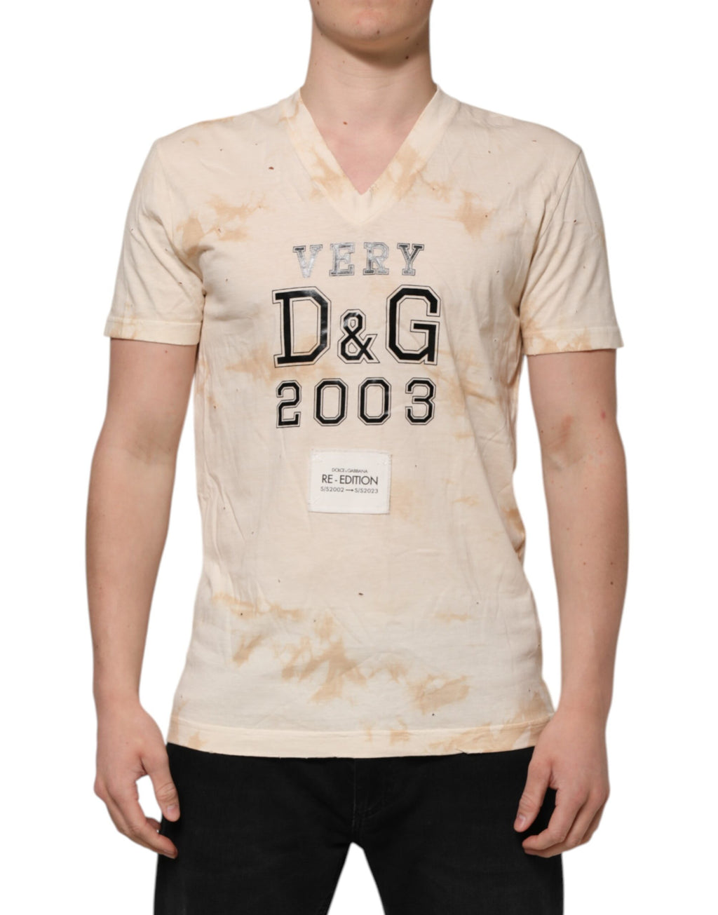 Dolce &amp; Gabbana Beiges T-Shirt mit V-Ausschnitt und kurzem Logo-Print