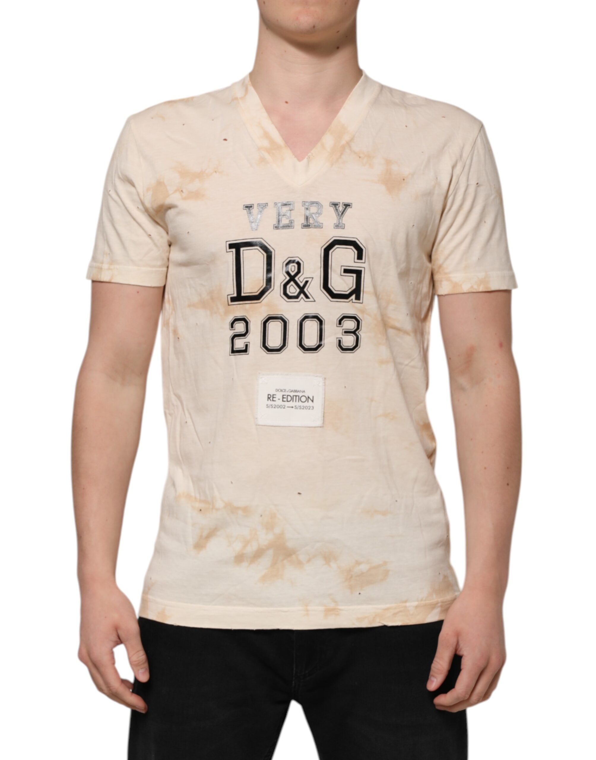 Dolce &amp; Gabbana Beiges T-Shirt mit V-Ausschnitt und kurzem Logo-Print