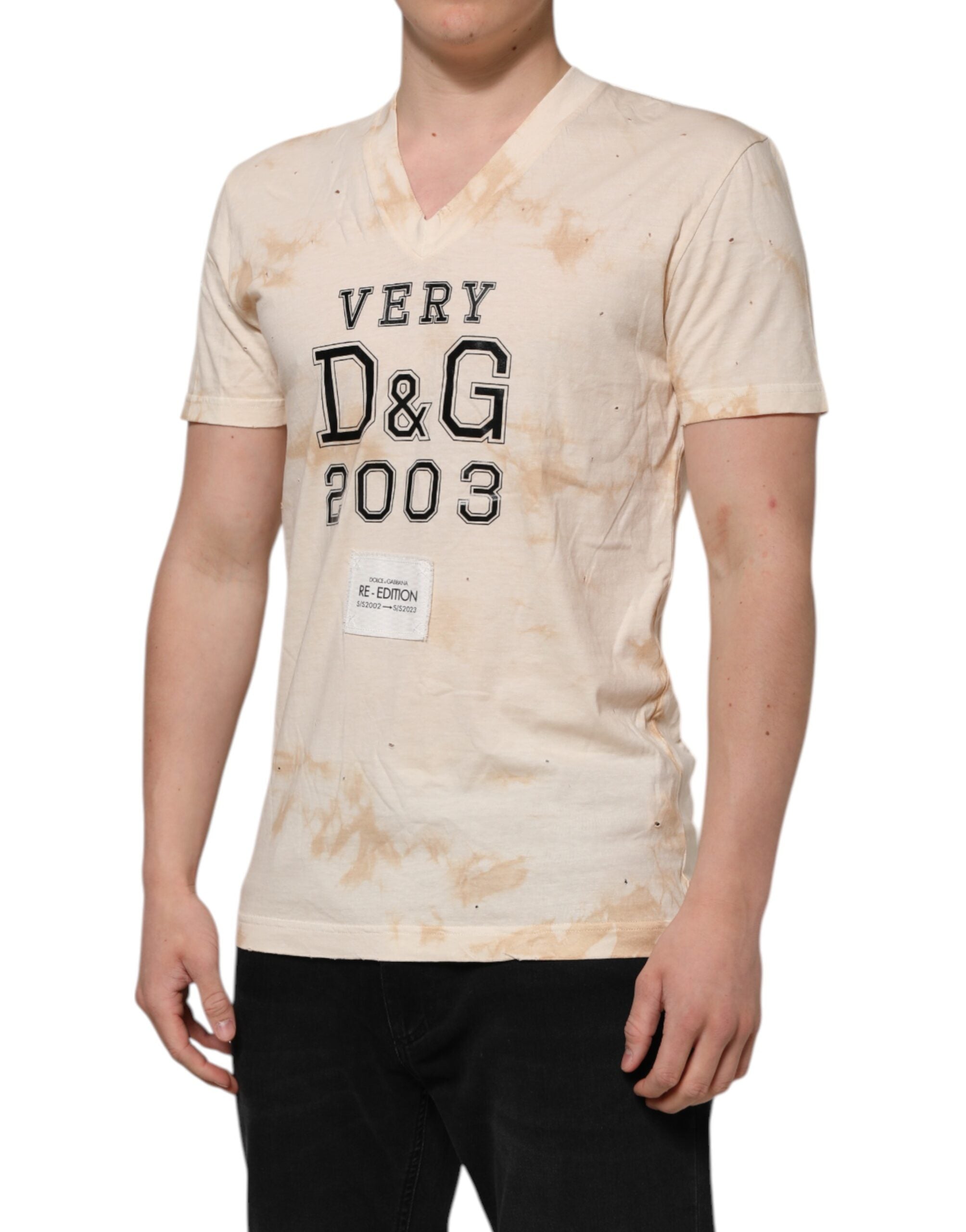 Dolce &amp; Gabbana Beiges T-Shirt mit V-Ausschnitt und kurzem Logo-Print