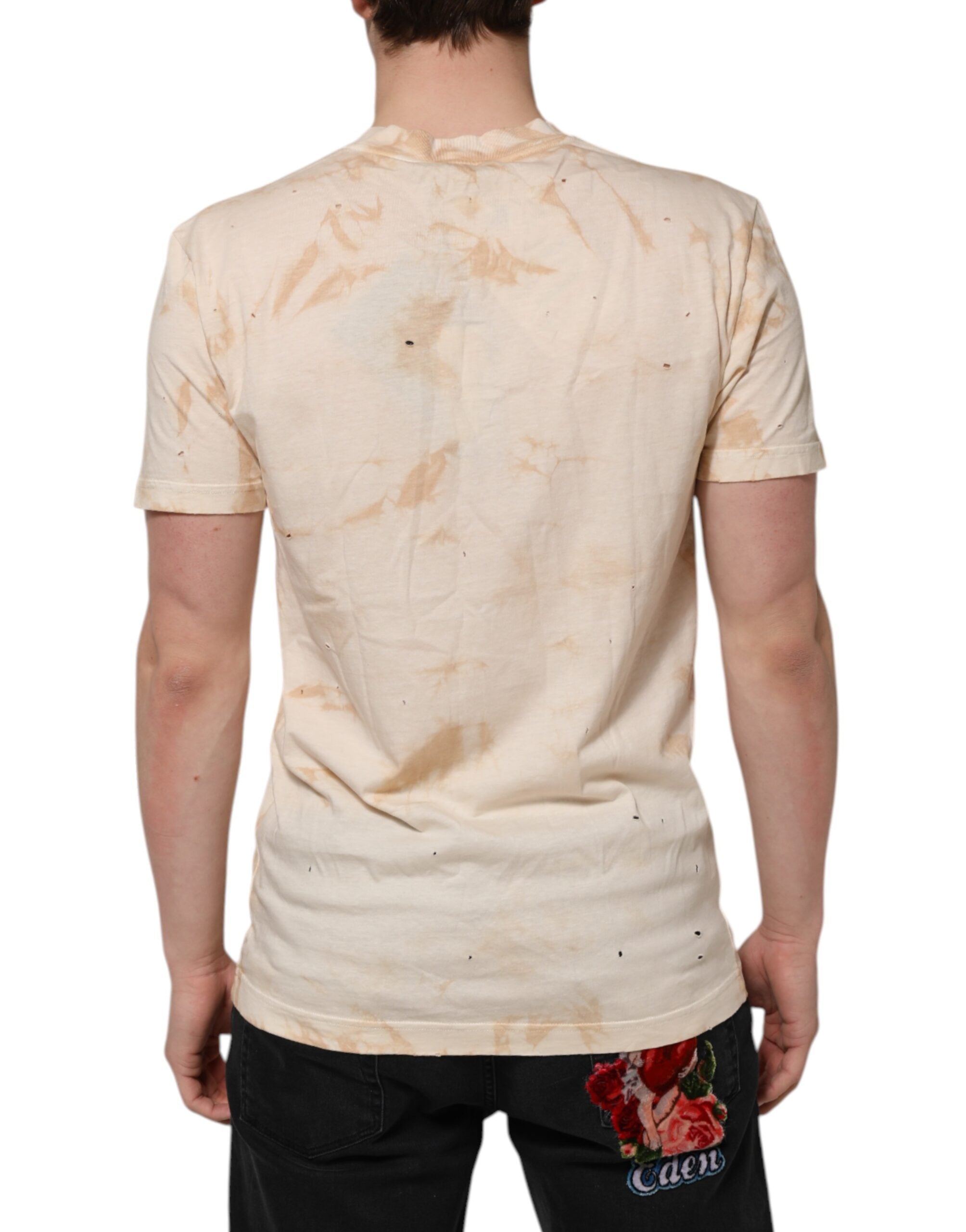 Dolce &amp; Gabbana Beiges T-Shirt mit V-Ausschnitt und kurzem Logo-Print