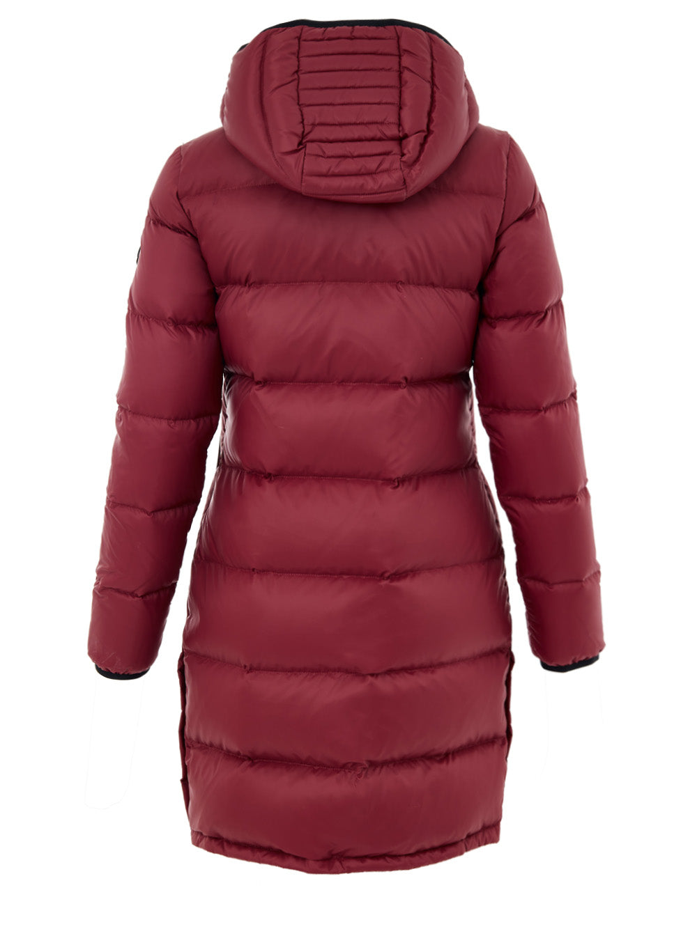 Moose Knuckles Long Down Jacket with Hood in Bordeaux
