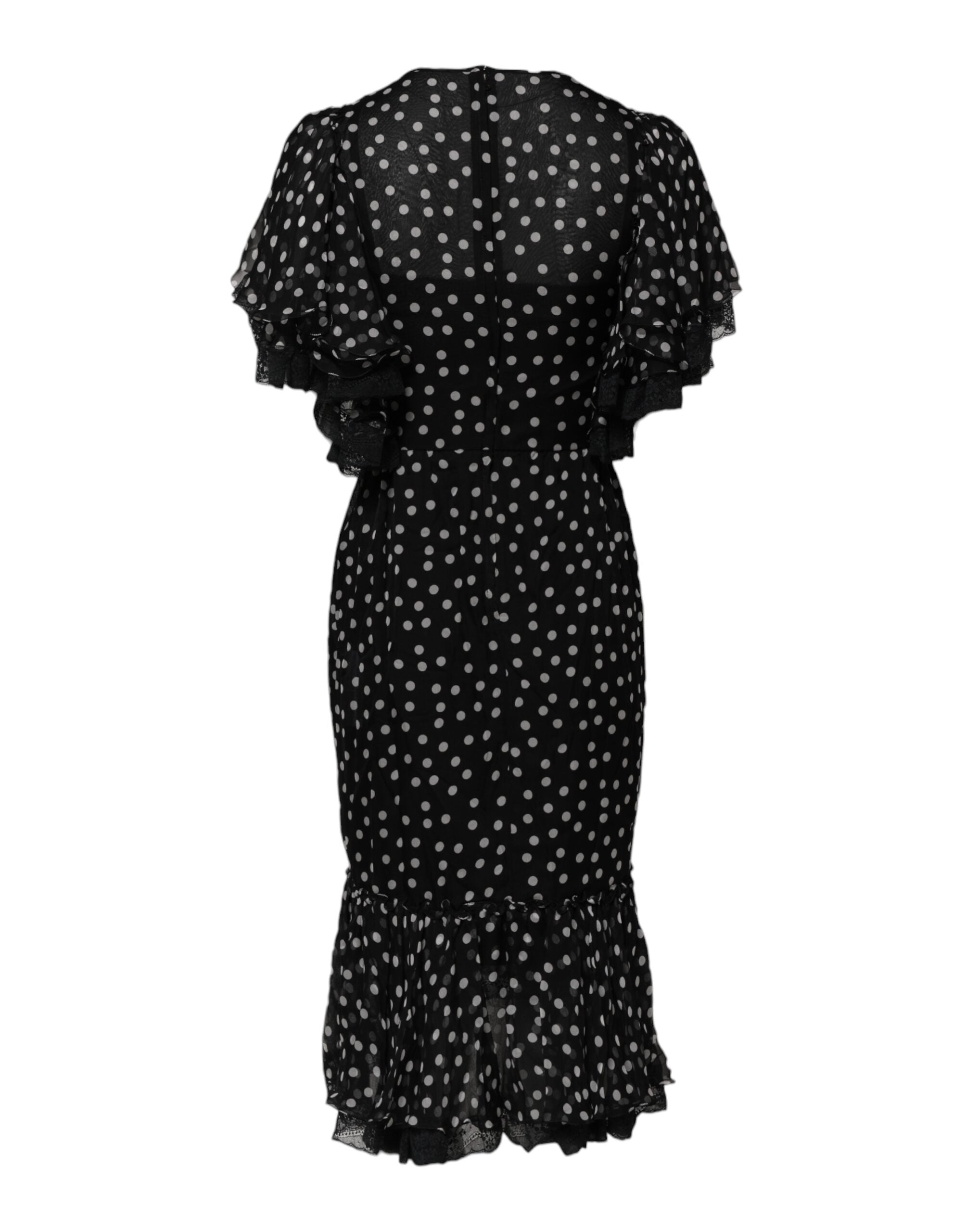 Dolce &amp; Gabbana – Chiffonkleid mit schwarzen und weißen Spitzen und Punkten