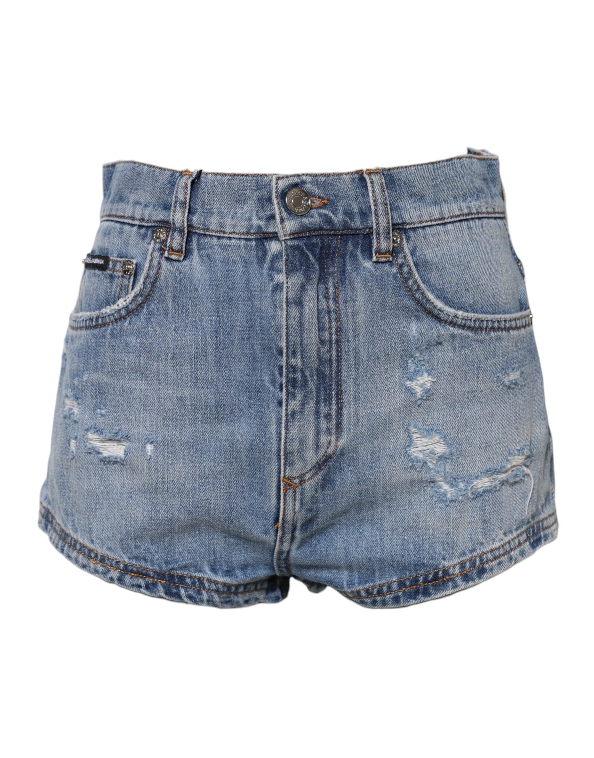 Dolce &amp; Gabbana – Hotpants-Shorts aus Denim-Baumwolle mit blauem Logo-Schild