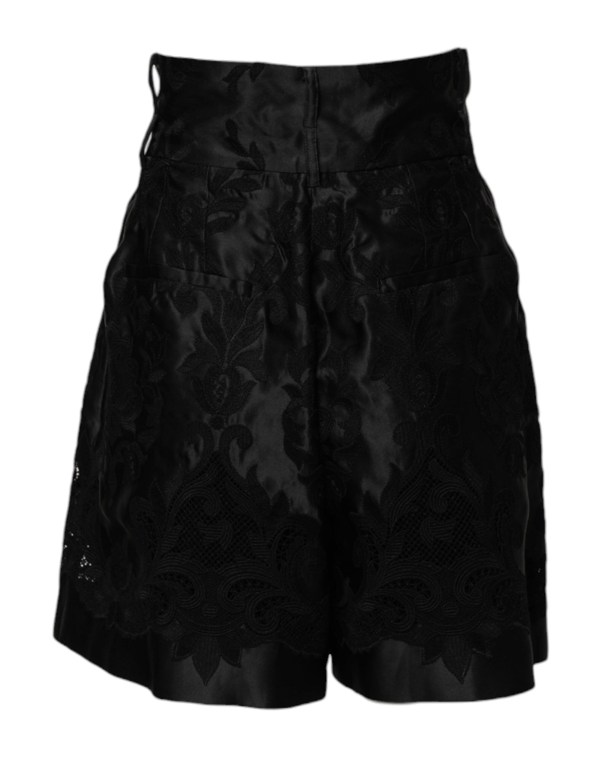 Dolce &amp; Gabbana Schwarze Shorts mit hoher Taille aus Seide mit Blumenstickerei