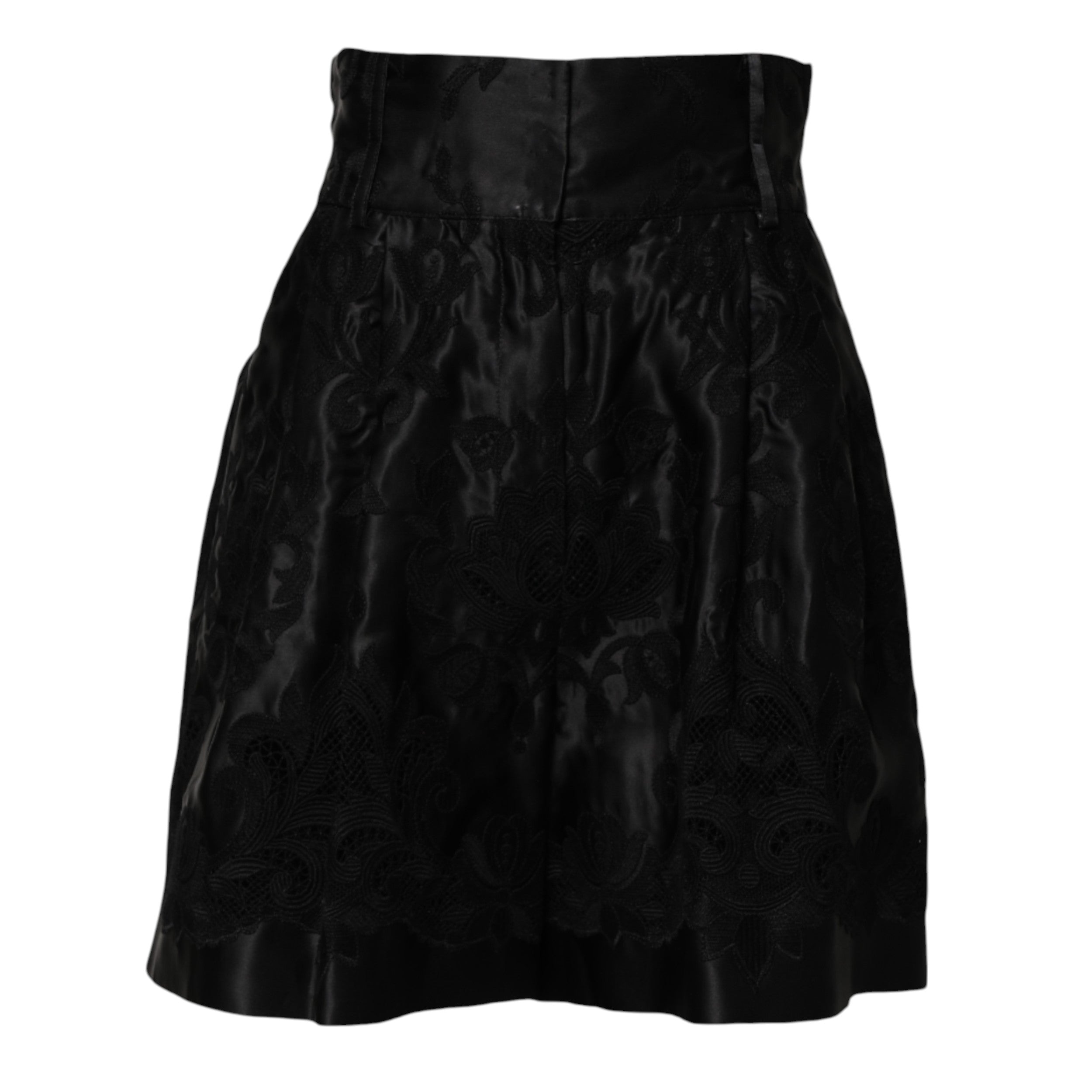 Dolce &amp; Gabbana Schwarze Shorts mit hoher Taille aus Seide mit Blumenstickerei