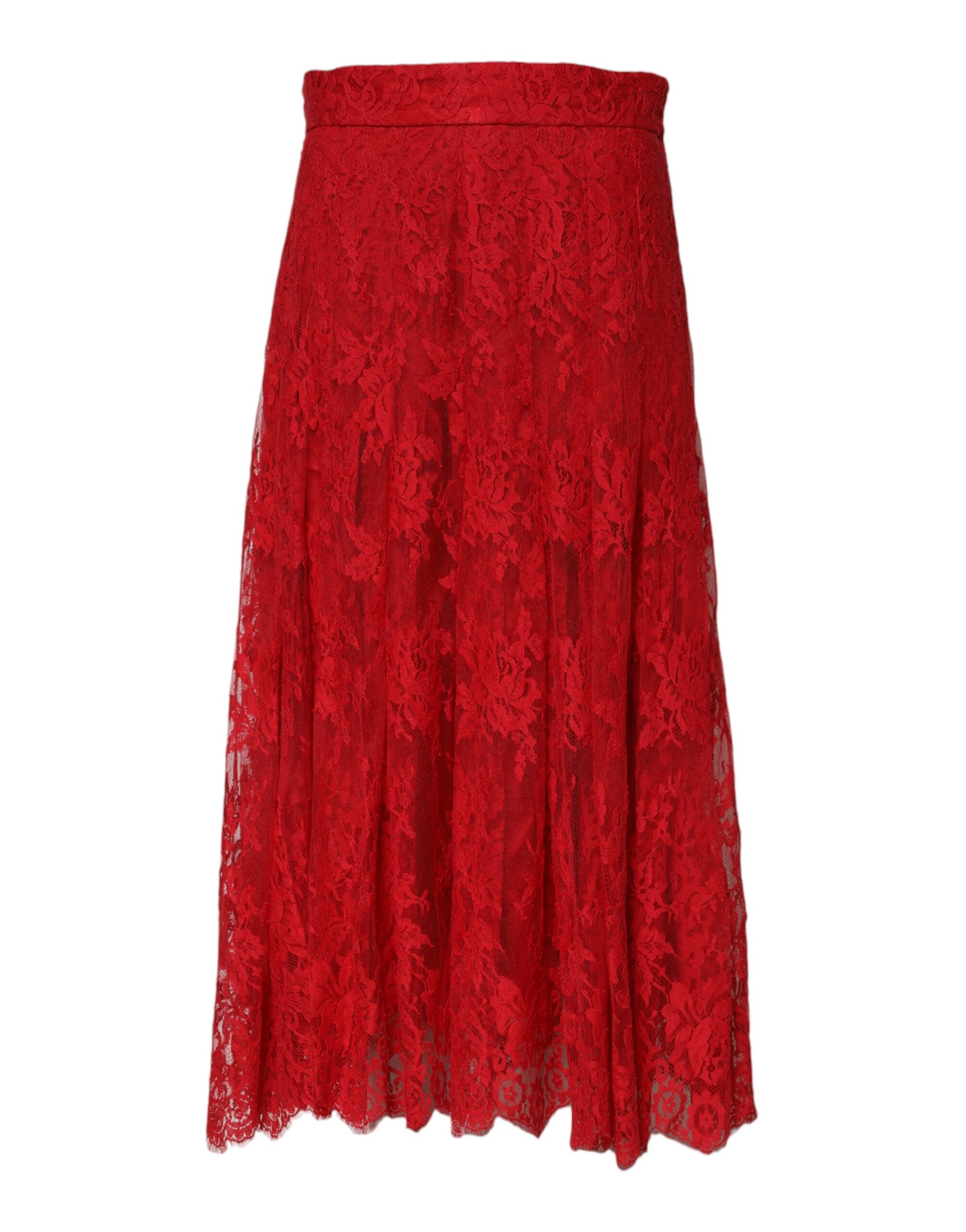 Dolce &amp; Gabbana – Langer Maxirock in A-Linie aus Baumwolle mit Blumenspitze in Rot