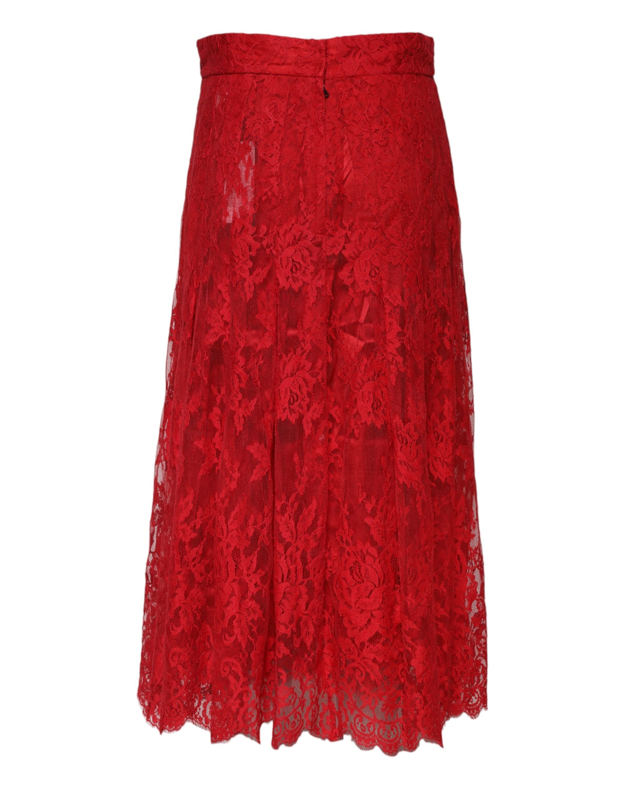 Dolce &amp; Gabbana – Langer Maxirock in A-Linie aus Baumwolle mit Blumenspitze in Rot