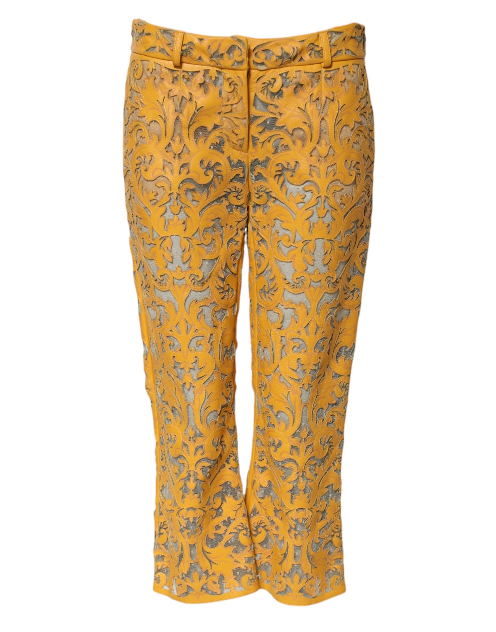 Dolce & Gabbana Yellow Floral Lace Mid Waist Capri Pants