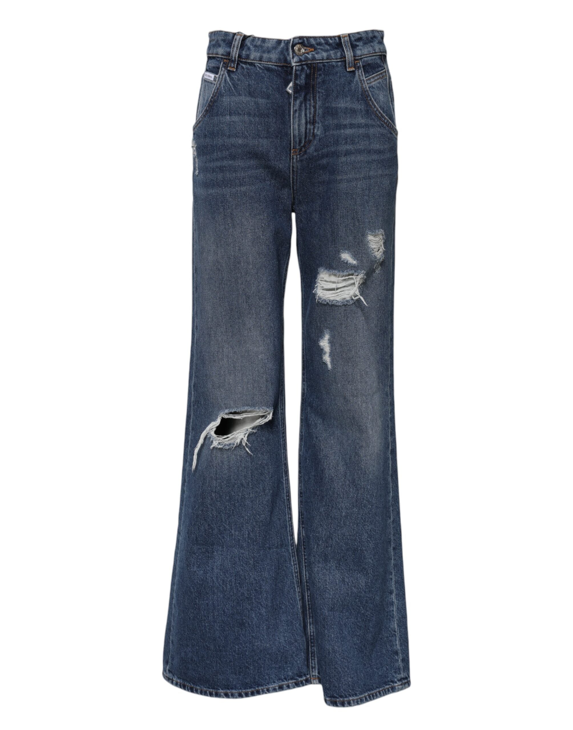 Dolce & Gabbana Blue Cotton Wide Leg Tattered Denim Jeans