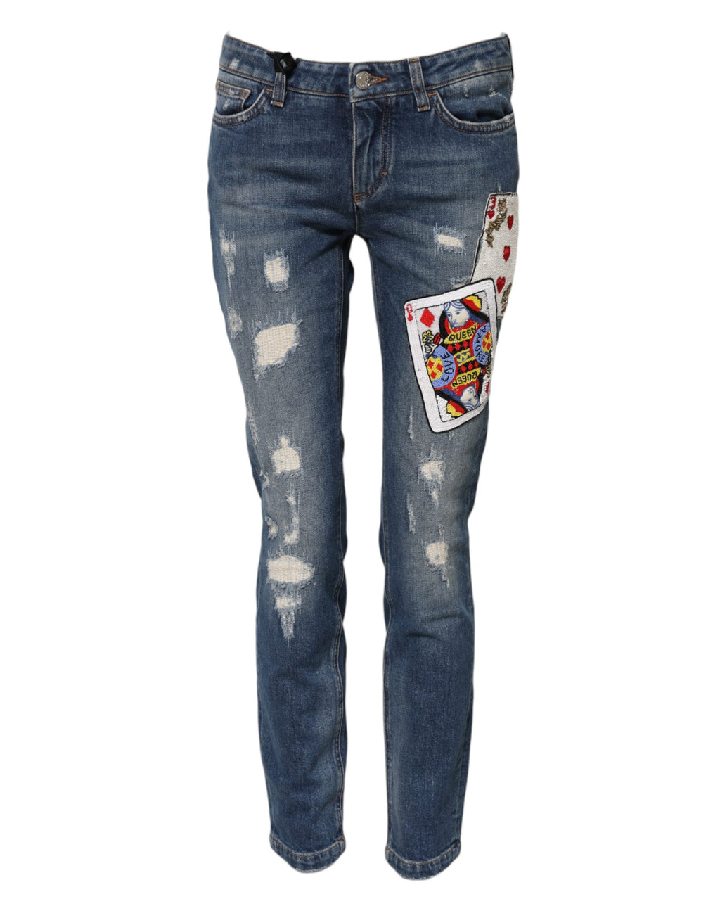 Dolce &amp; Gabbana – Blaue Skinny-Jeans mit Spielkartenstickerei 