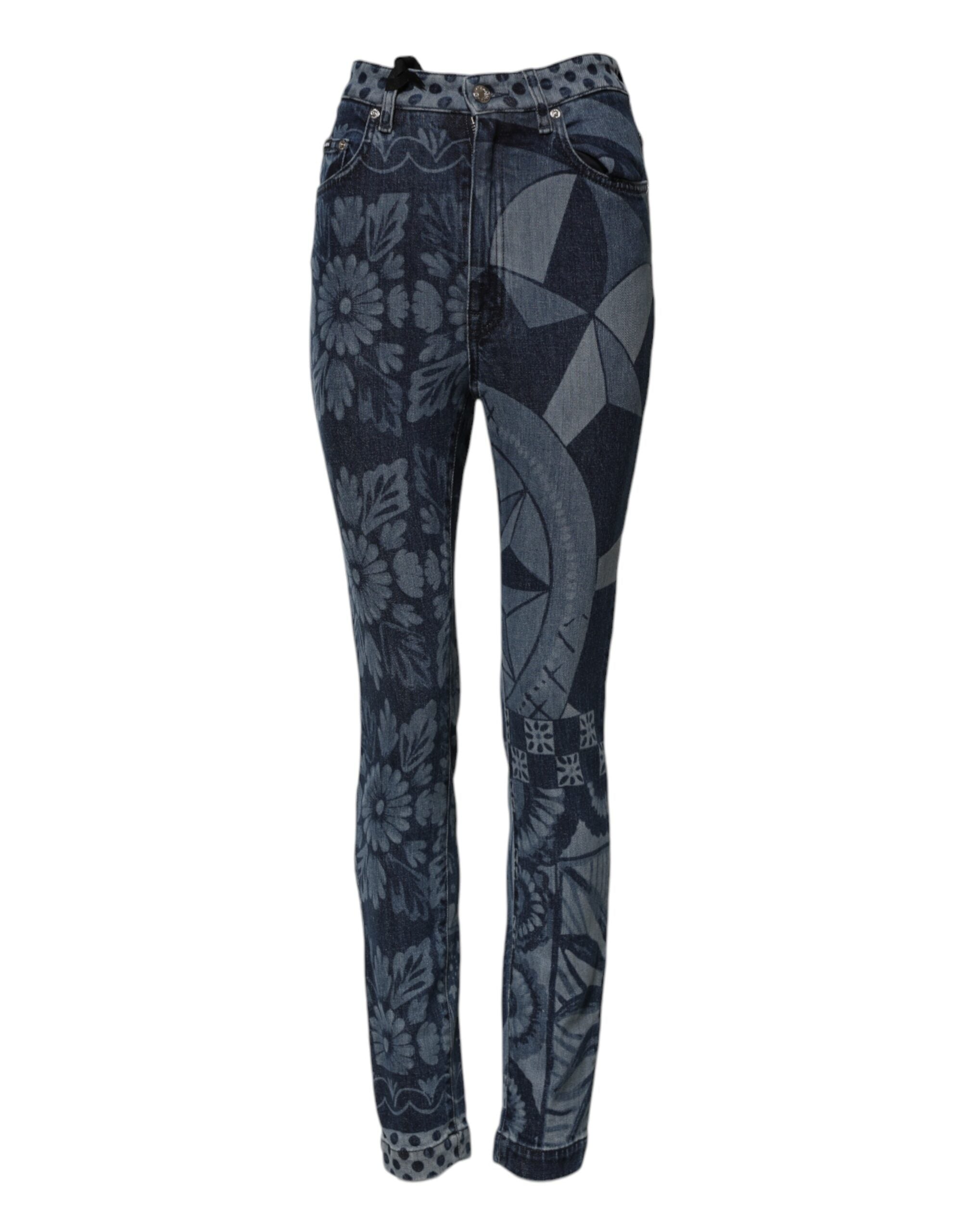Dolce &amp; Gabbana – Blaue Skinny-Jeans aus Baumwolle mit Grafikdruck 