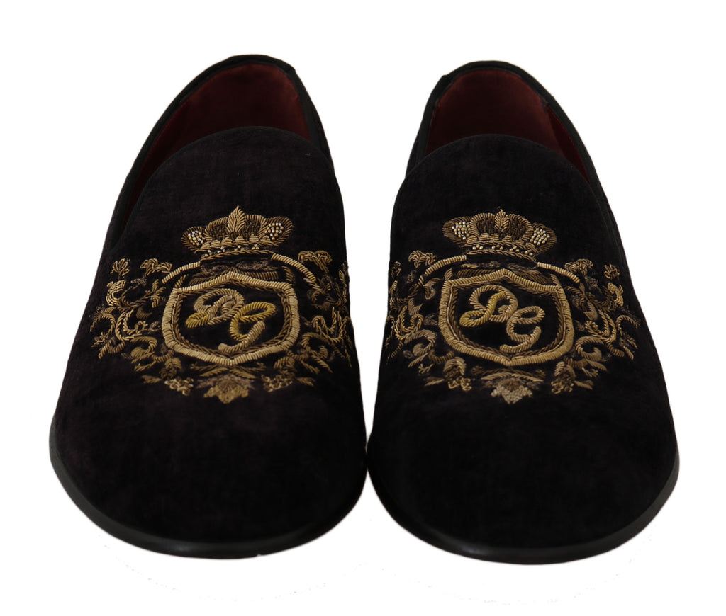 Dolce &amp; Gabbana Elegante schwarze Loafer mit goldener Kronenstickerei