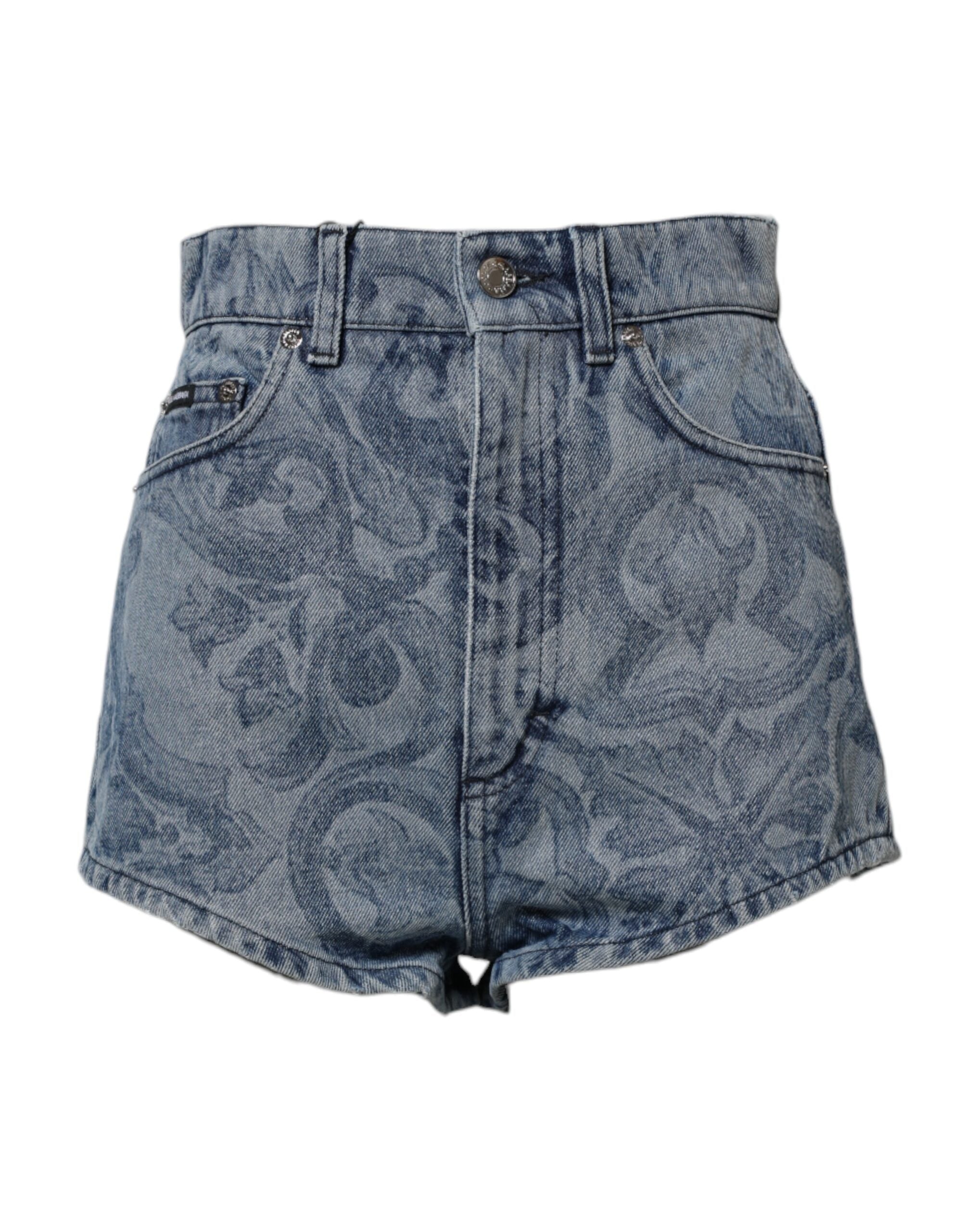 Dolce &amp; Gabbana – Blaue Hotpants-Shorts aus Denim-Baumwolle mit Blumendruck