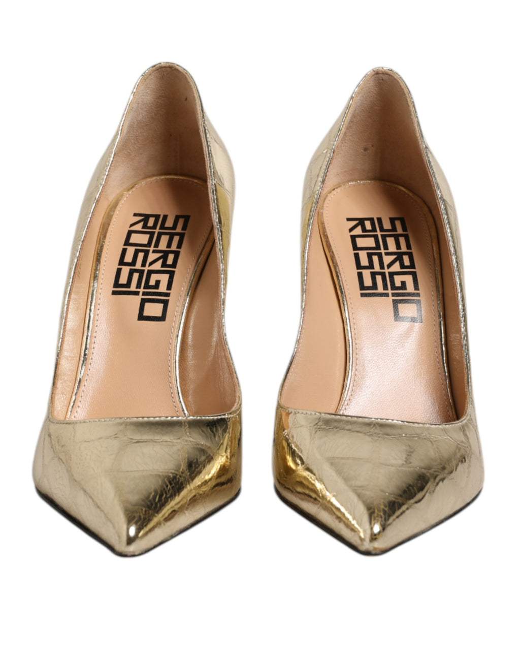 Sergio Rossi – Goldfarbene Lederschuhe mit spitzer Zehenpartie und Blockabsatz