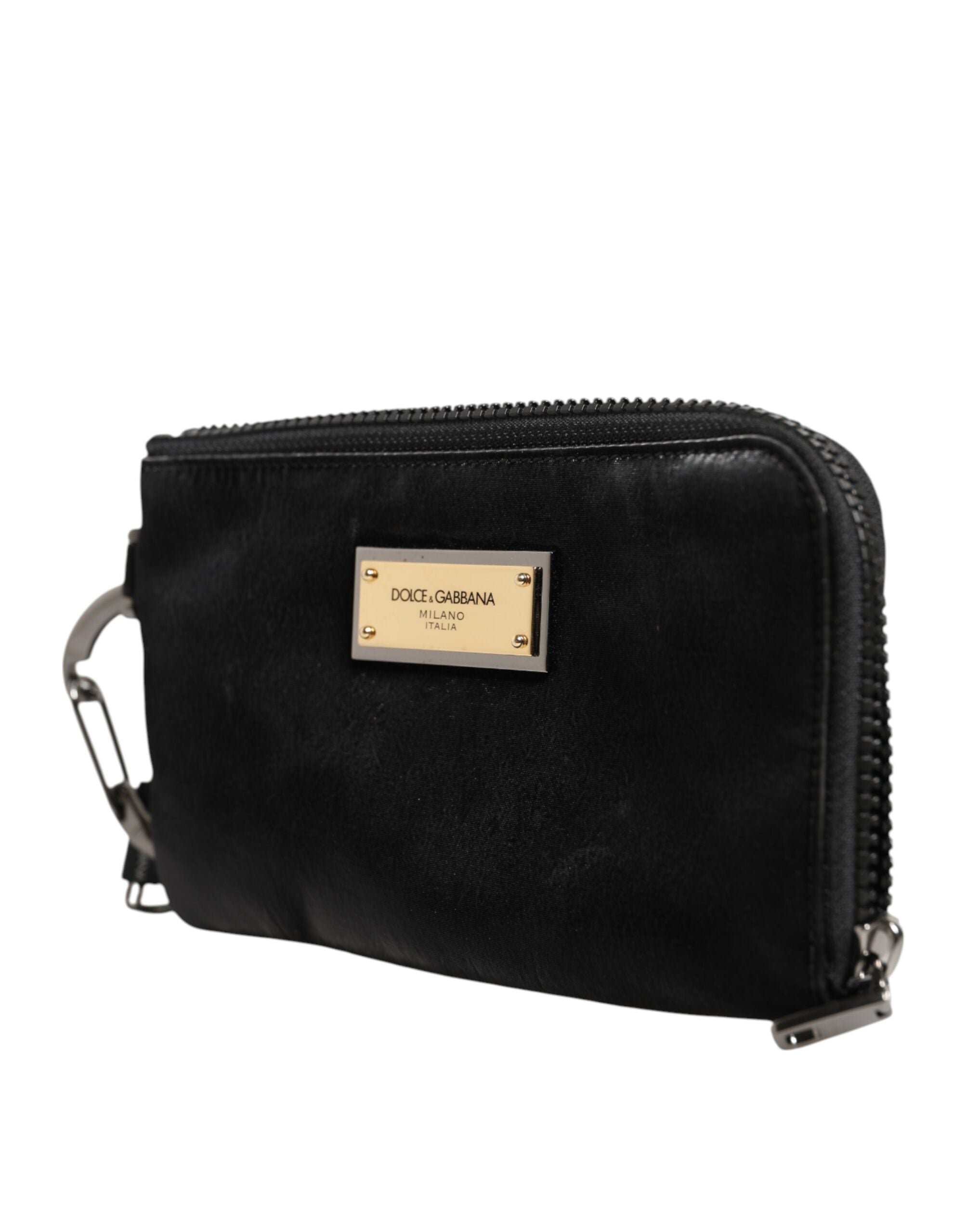 Dolce &amp; Gabbana – Schwarze Clutch aus Nylon mit Schlüsselanhänger und Logo-Schild