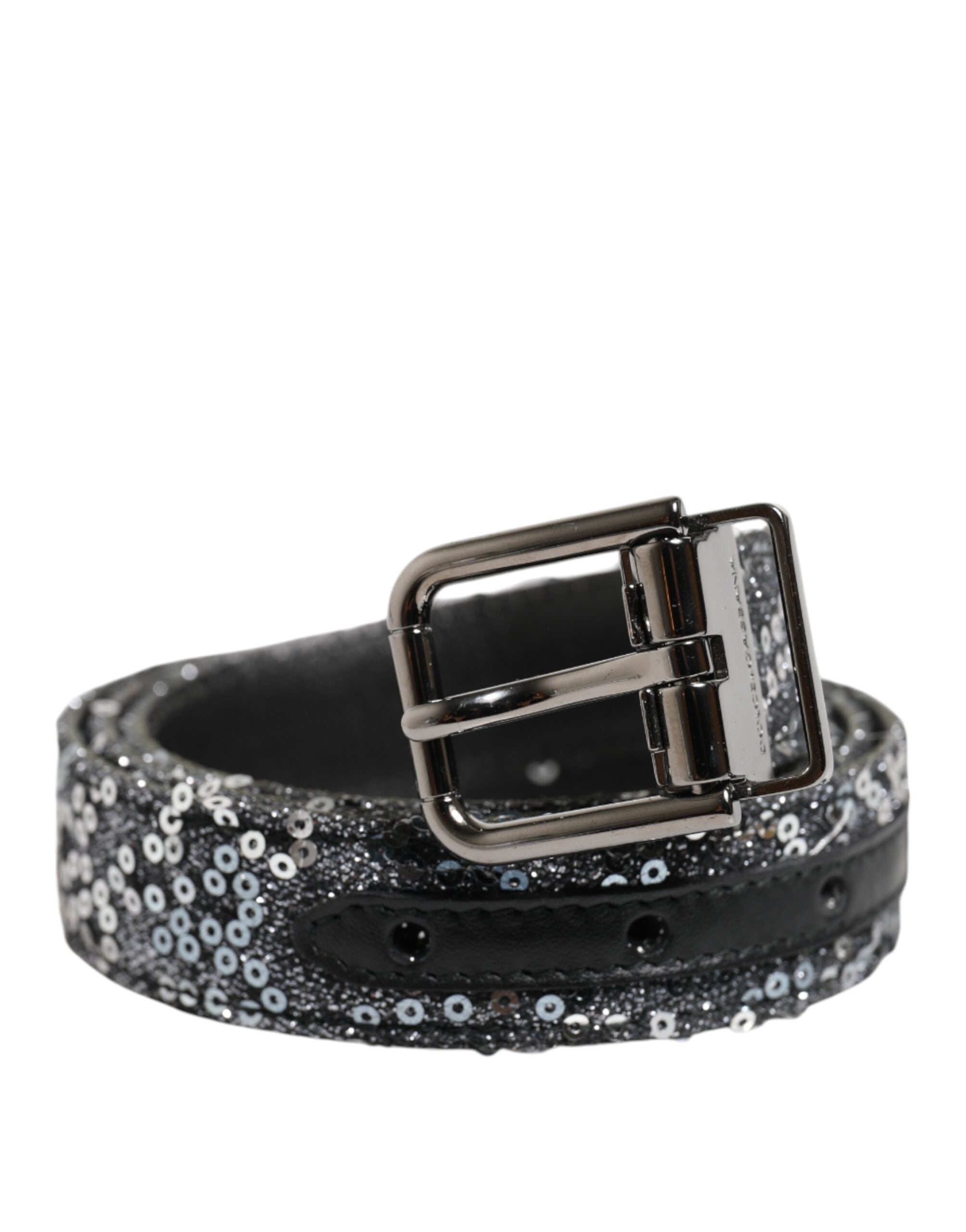 Dolce &amp; Gabbana – Gürtel mit Logoschnalle aus schwarzem Pailletten und silbernem Metall