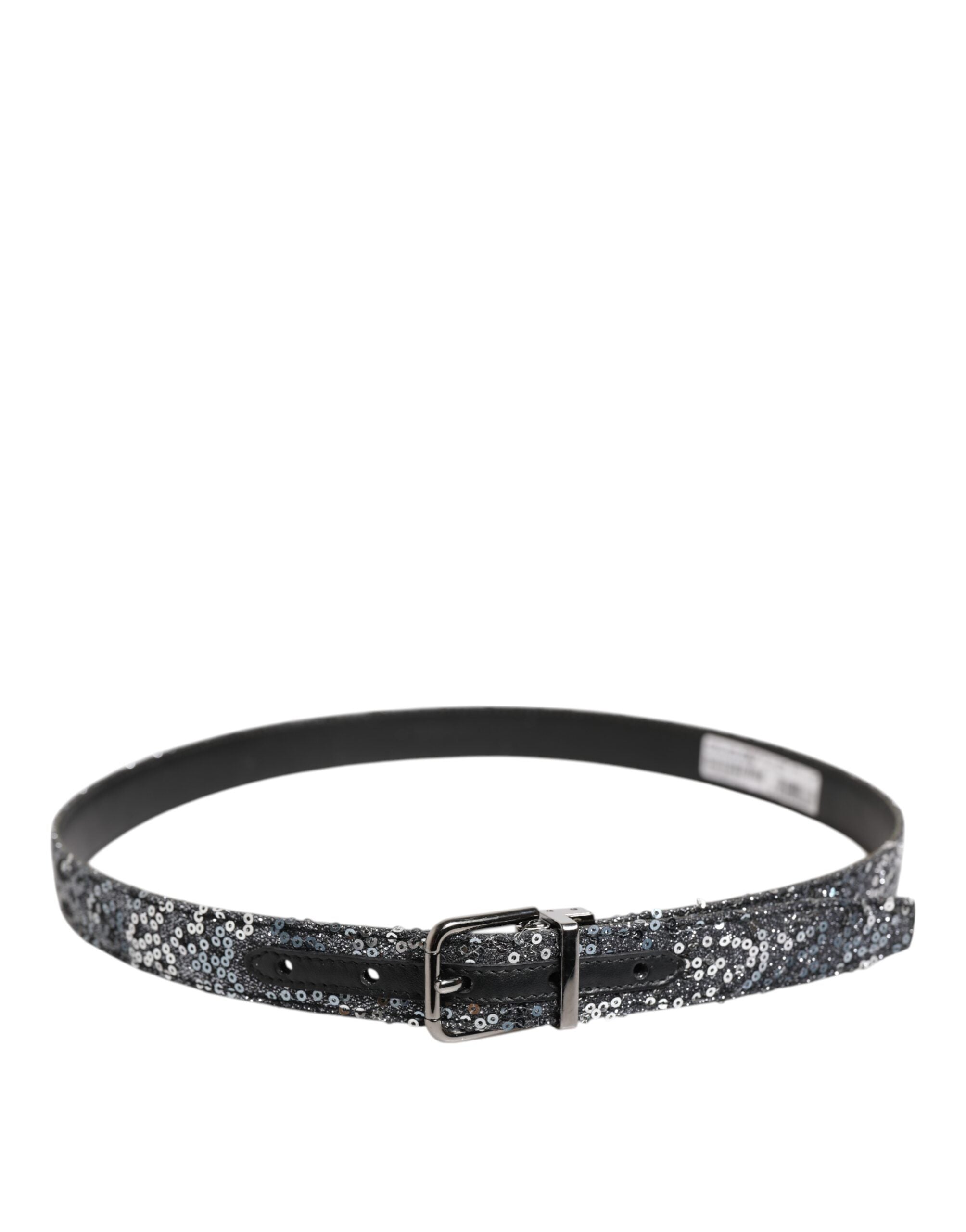 Dolce &amp; Gabbana – Gürtel mit Logoschnalle aus schwarzem Pailletten und silbernem Metall