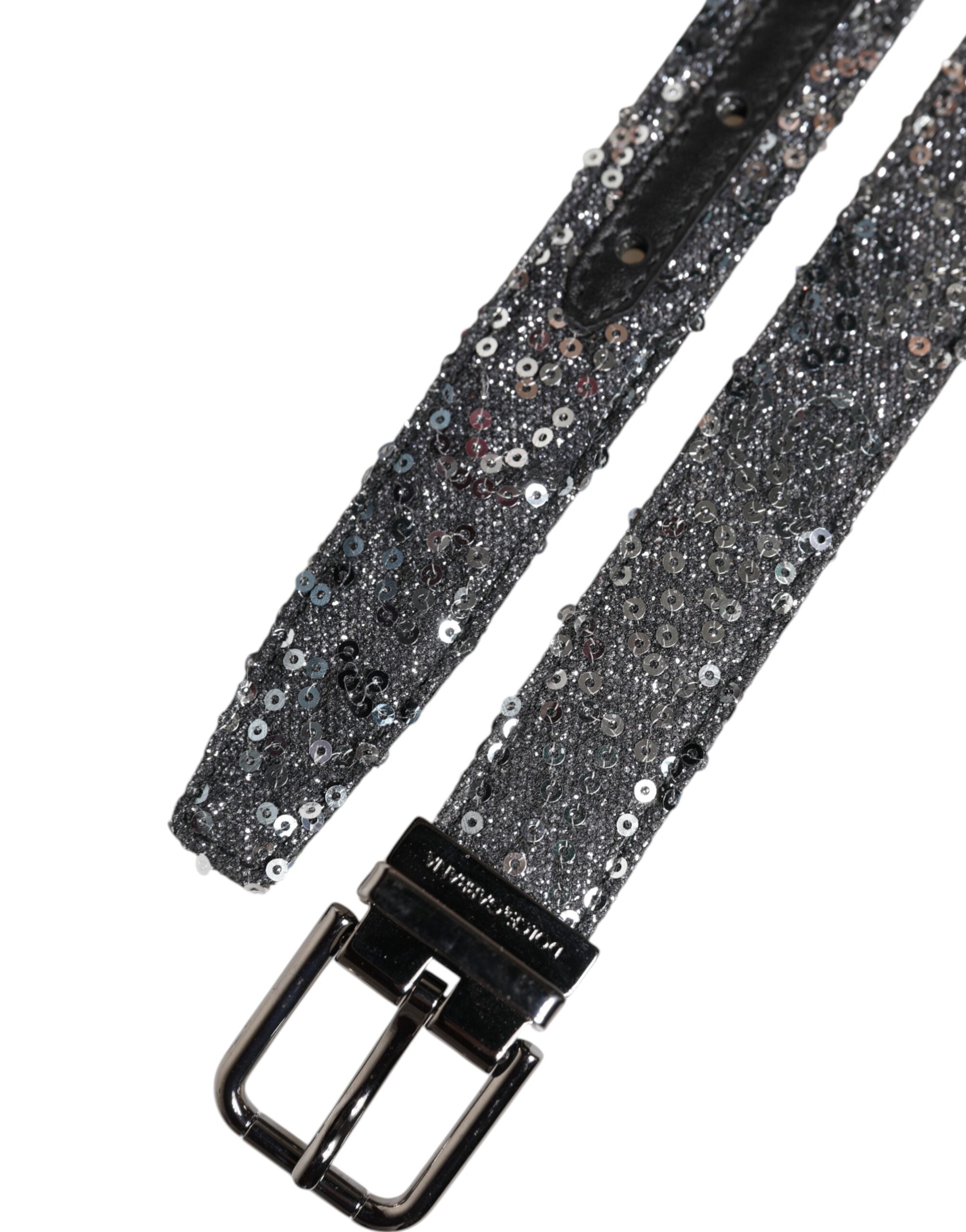 Dolce &amp; Gabbana – Gürtel mit Logoschnalle aus schwarzem Pailletten und silbernem Metall