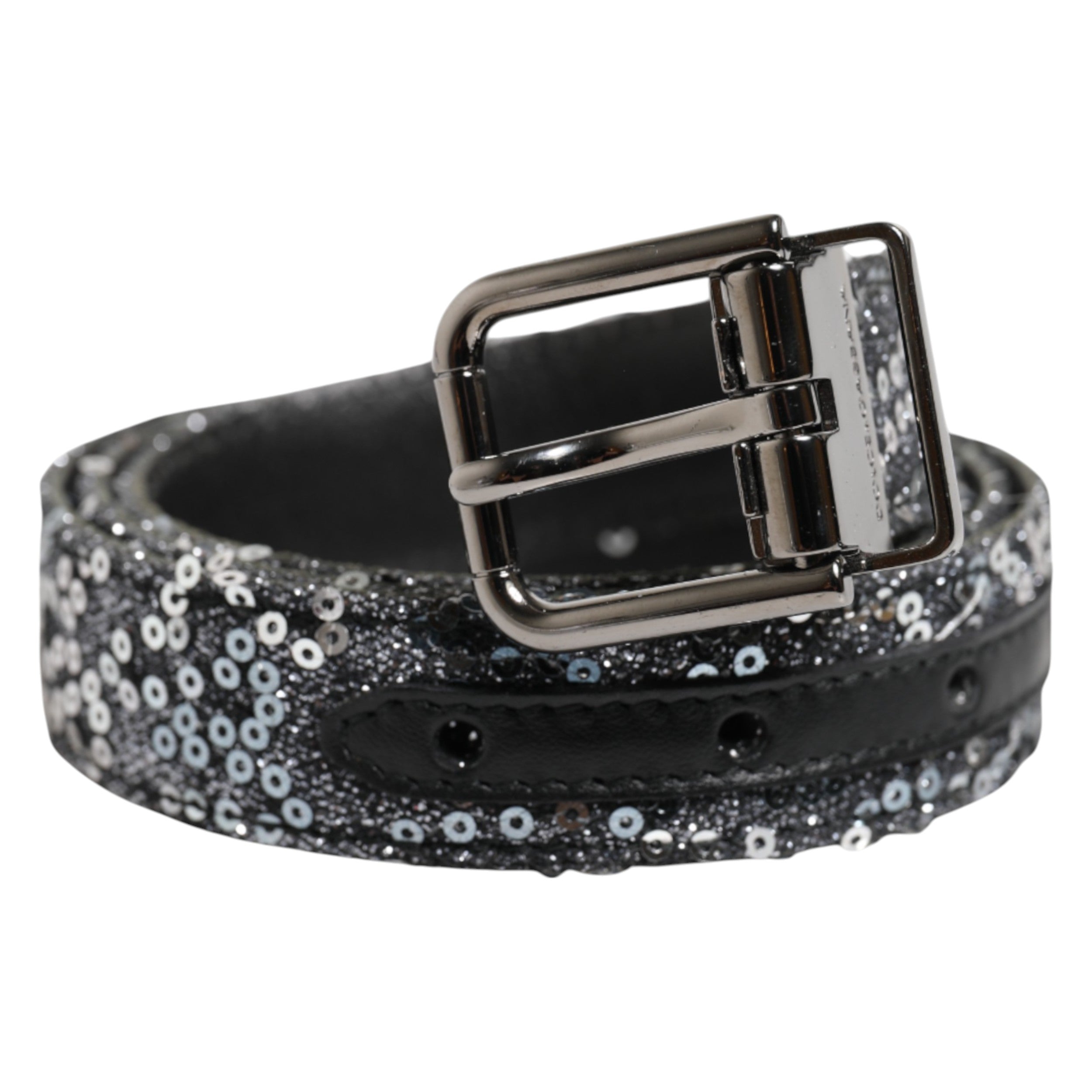 Dolce &amp; Gabbana – Gürtel mit Logoschnalle aus schwarzem Pailletten und silbernem Metall