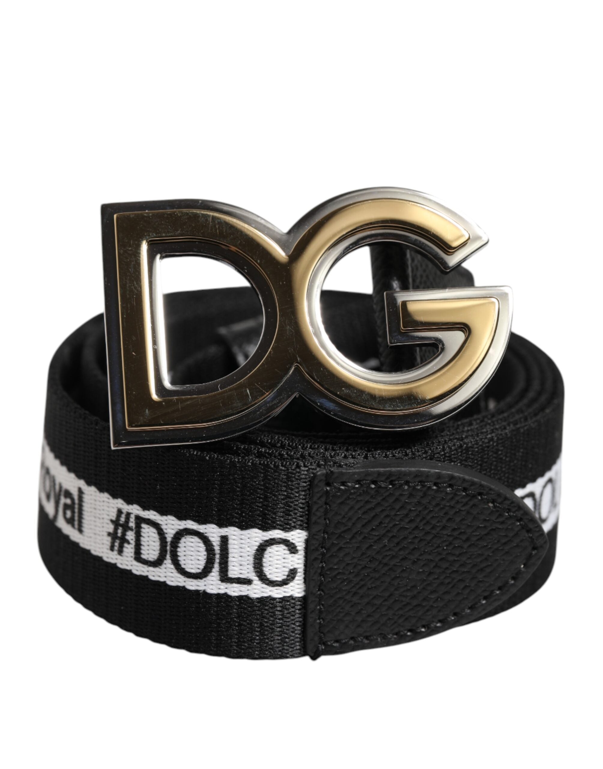 Dolce &amp; Gabbana – Schwarzer Baumwollgürtel mit DG-Logo und goldener Schnalle aus Metall